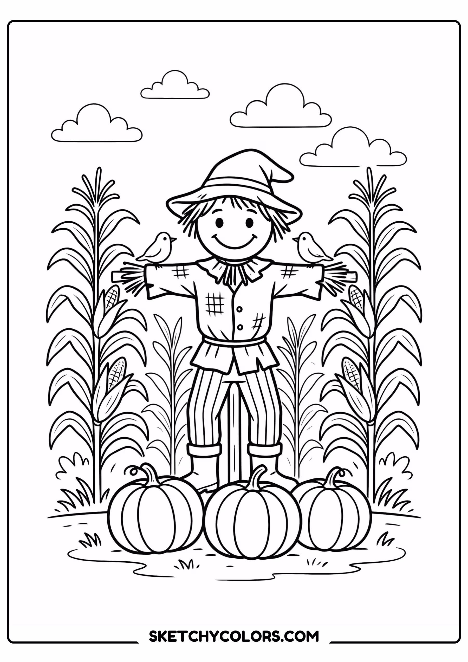 autumn coloring page cornfield scarecrow pumpkins free printable for kids