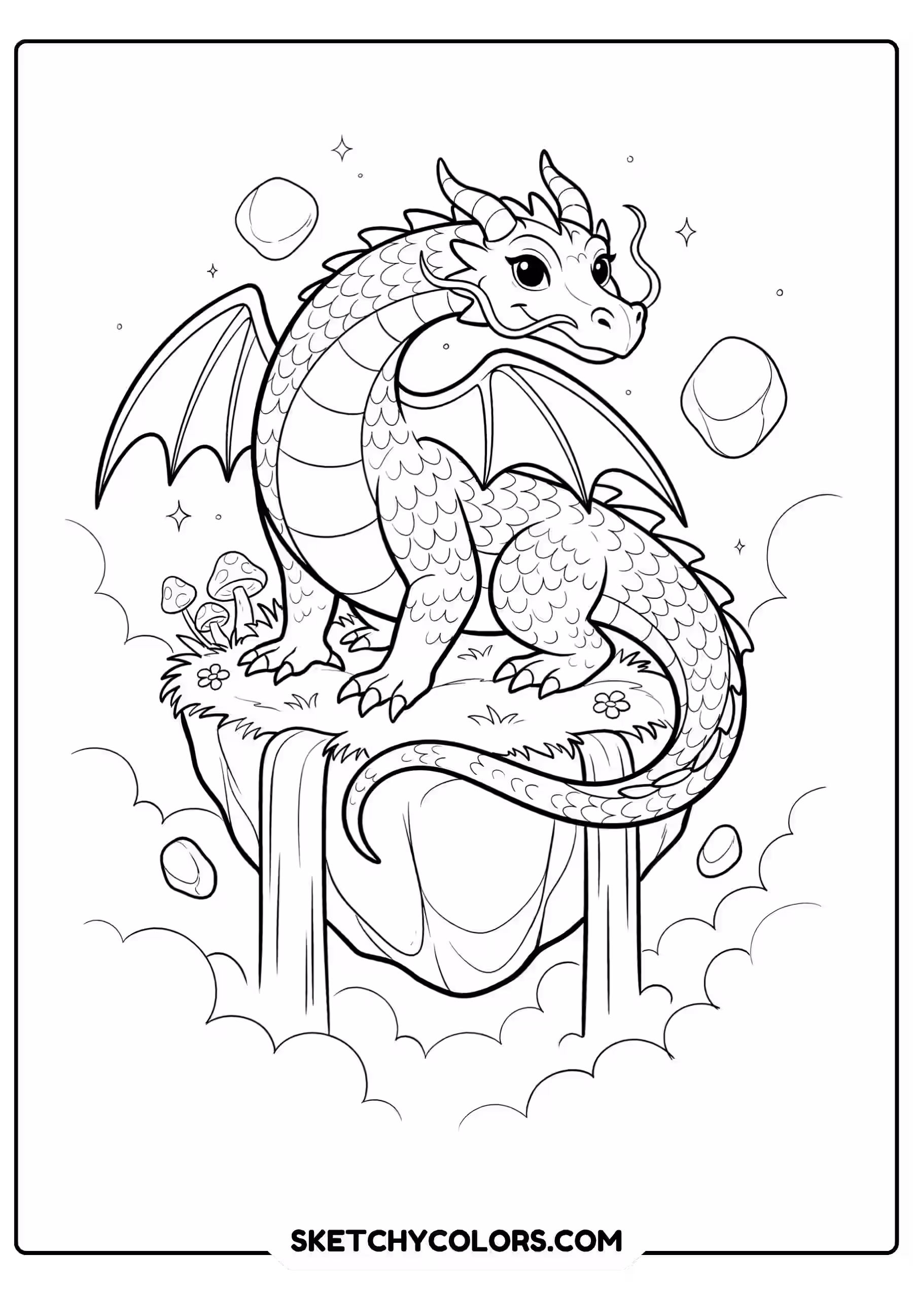 dragon coloring page floating island clouds waterfalls free printable for kids