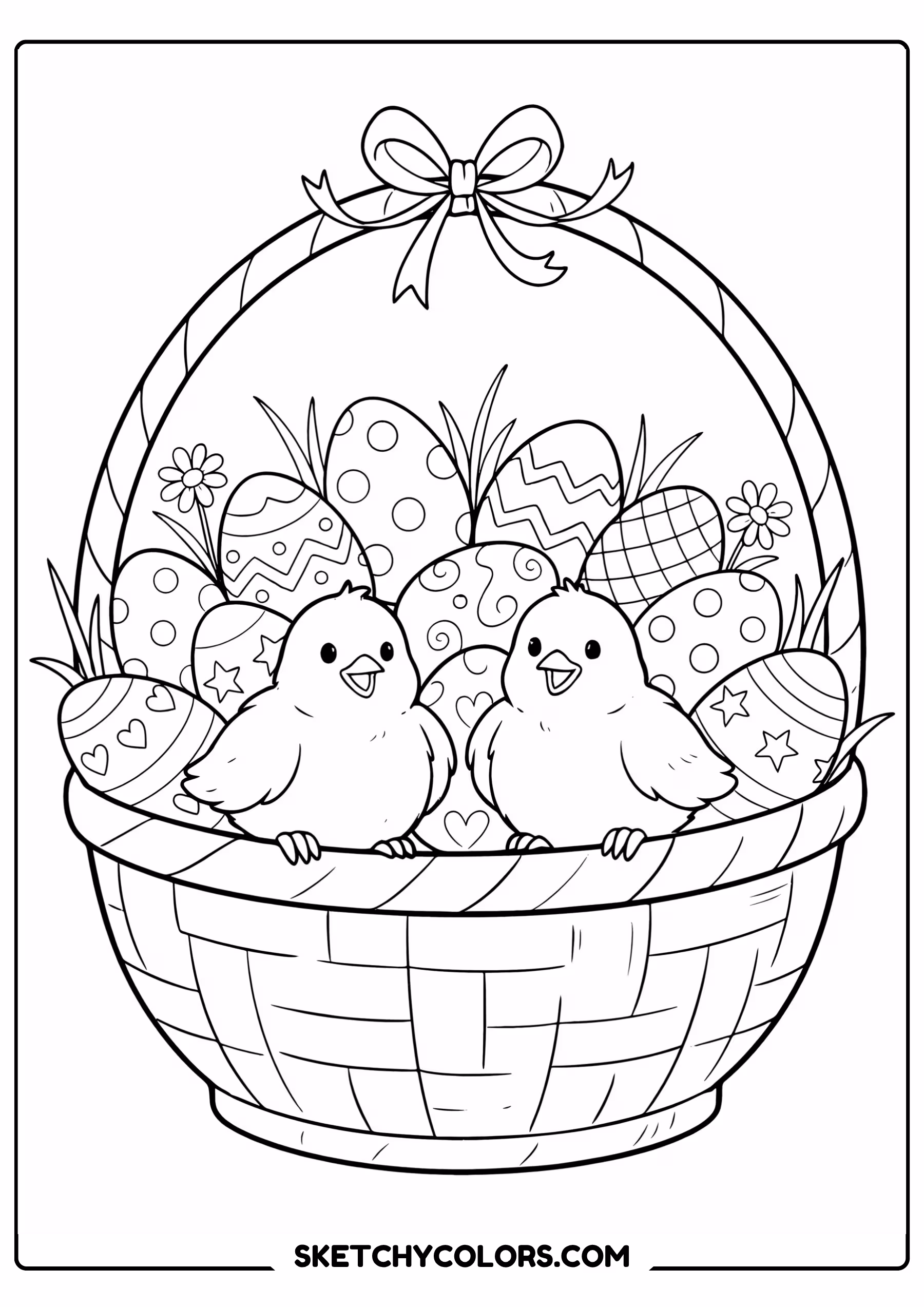 easter coloring page two chicks basket eggs free printable for kids