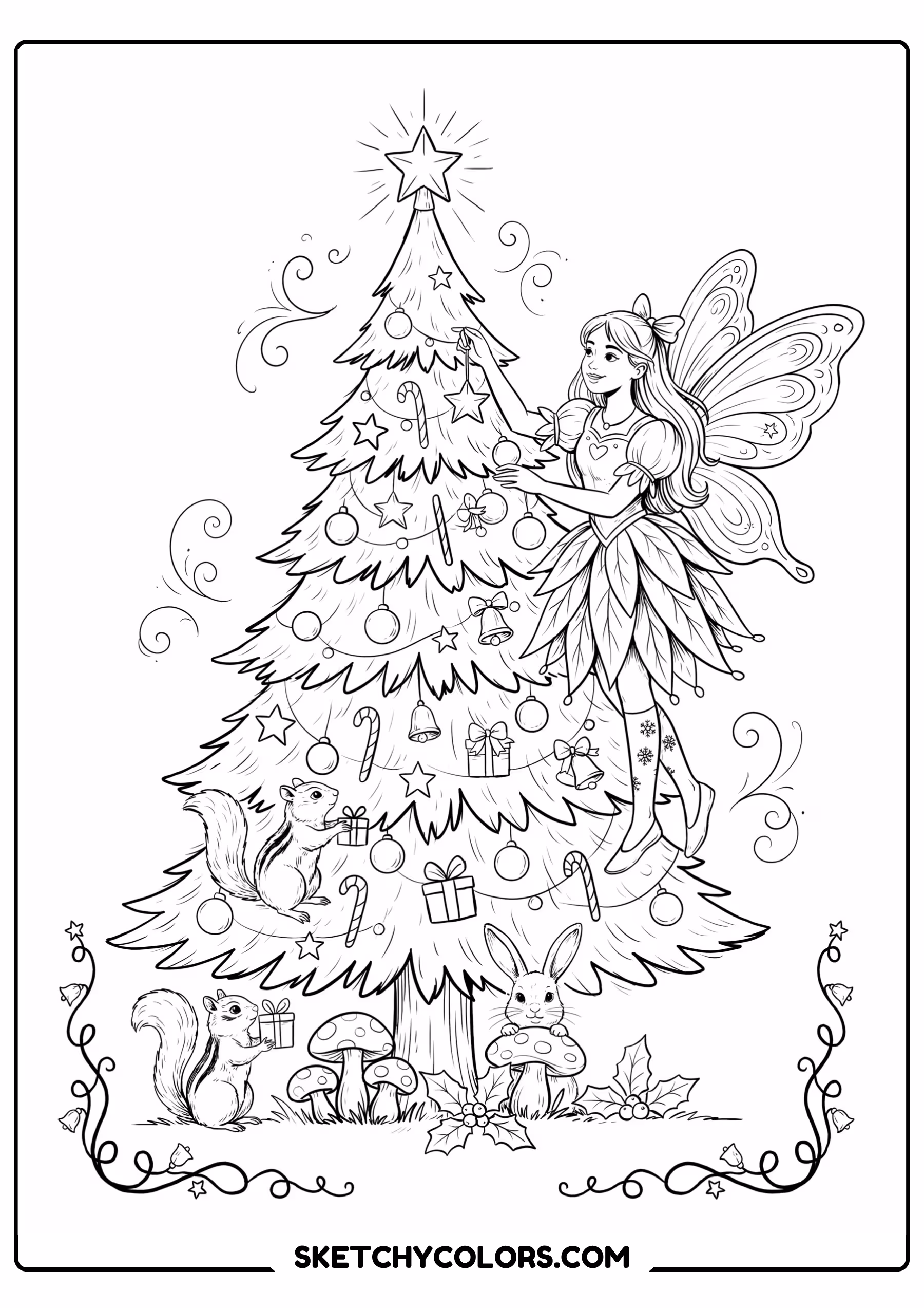 fairy coloring page decorating christmas tree stars ornaments free printable for kids