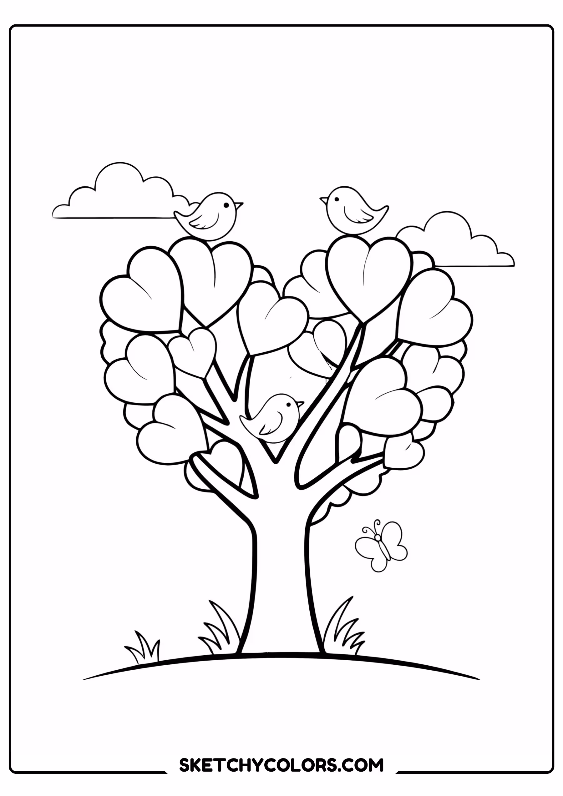 february coloring page heart tree birds free printable for kids