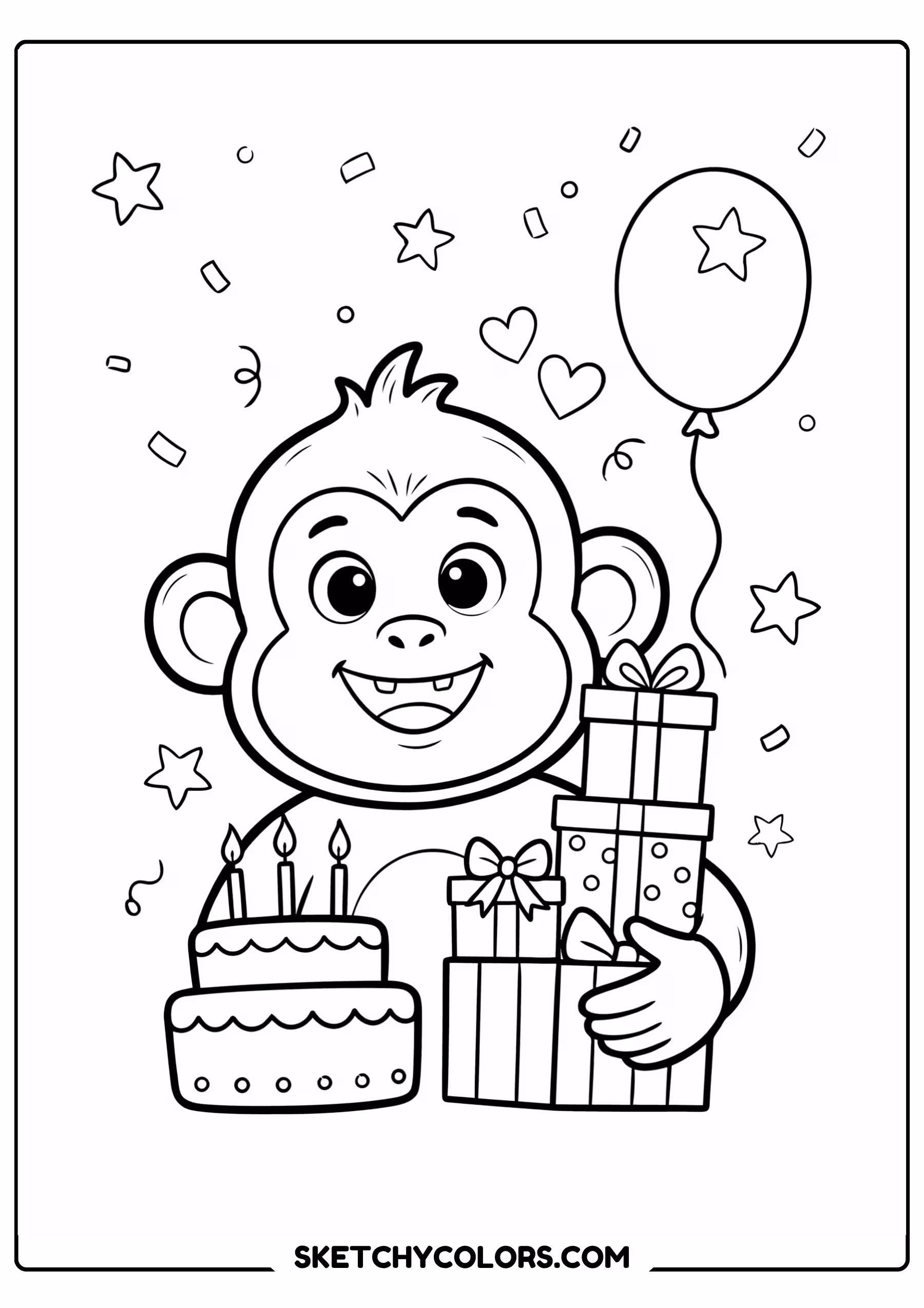 happy birthday coloring page monkey presents balloon free printable for kids