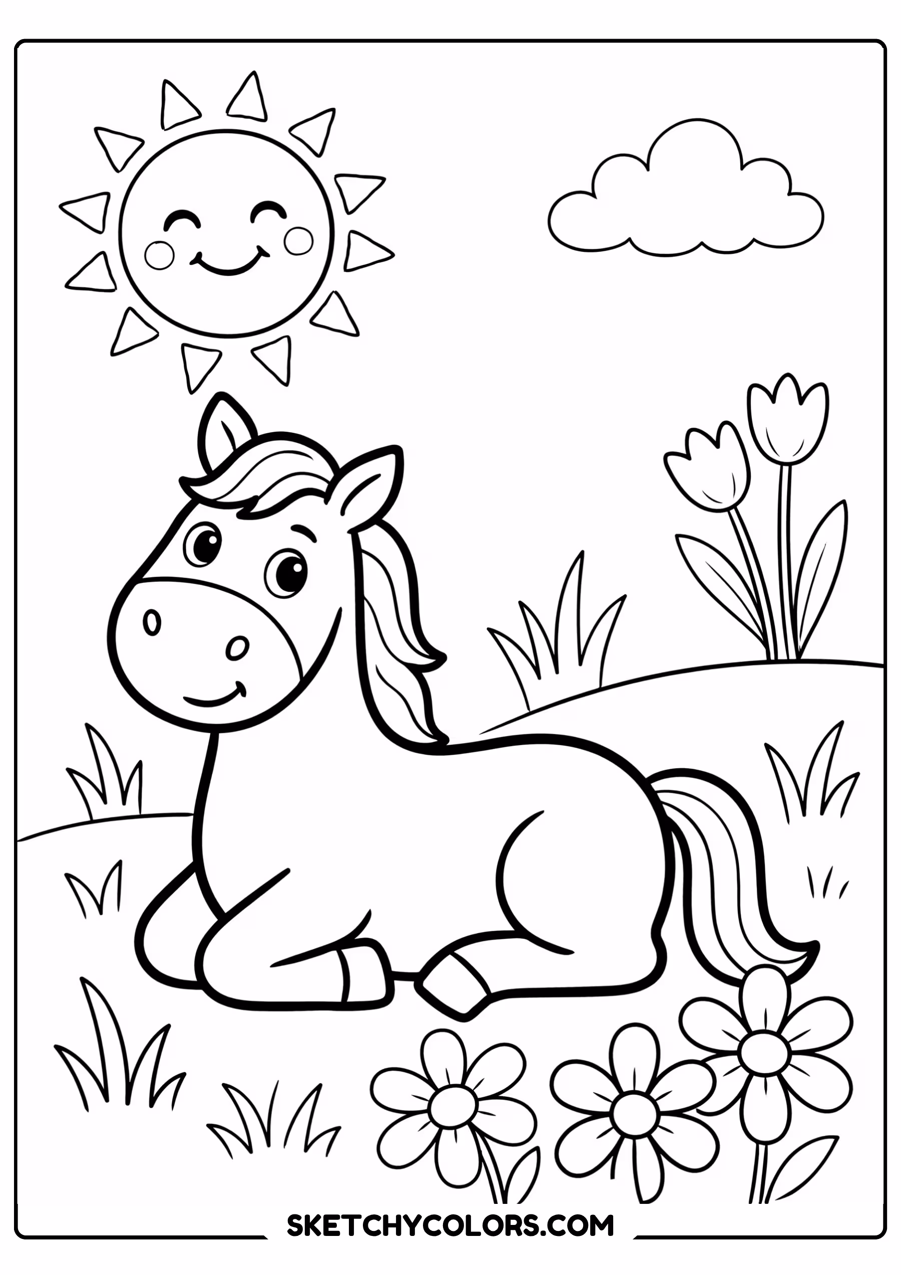 horse coloring page resting pasture flowers free printable for kids