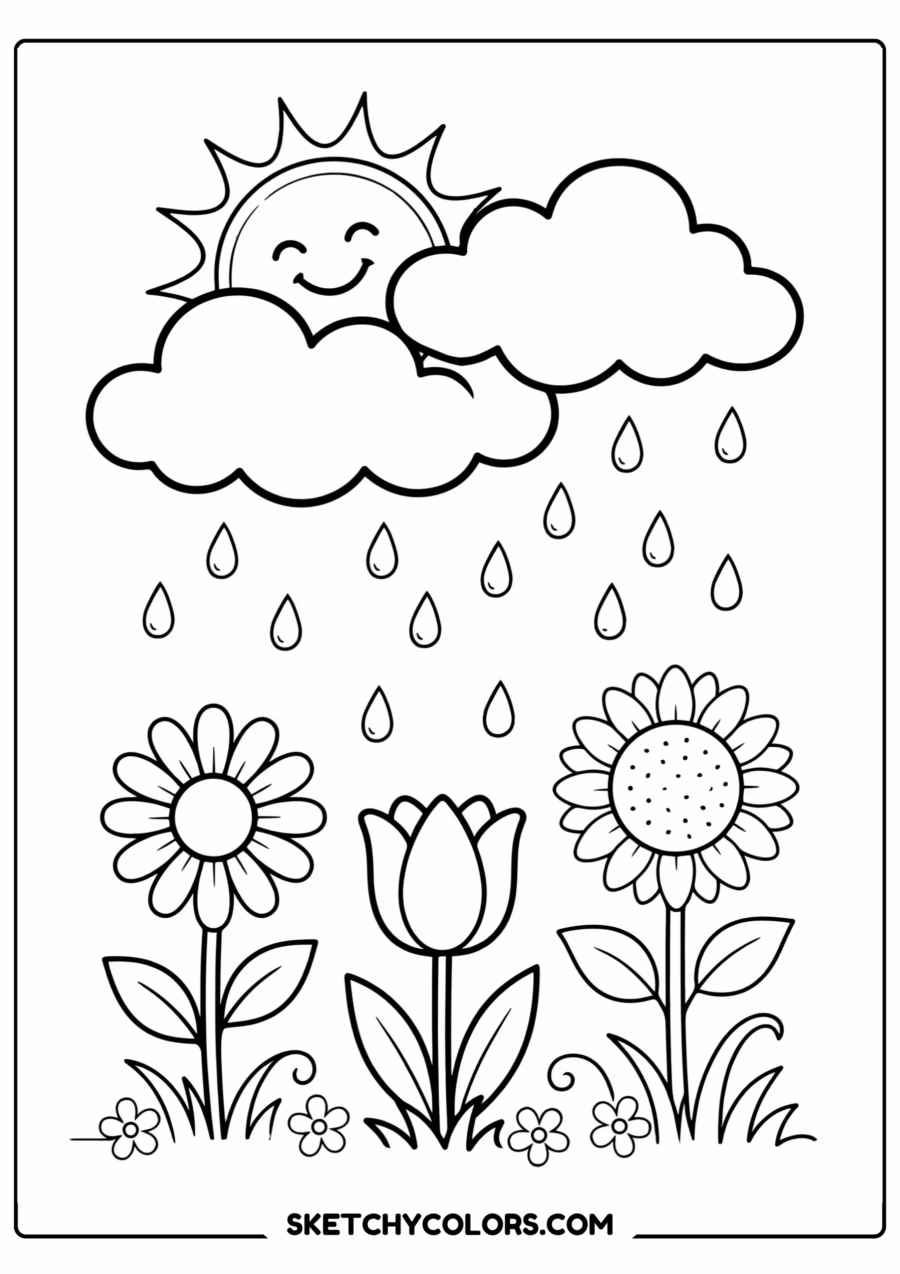 march coloring page sunny day clouds flower field free printable for kids