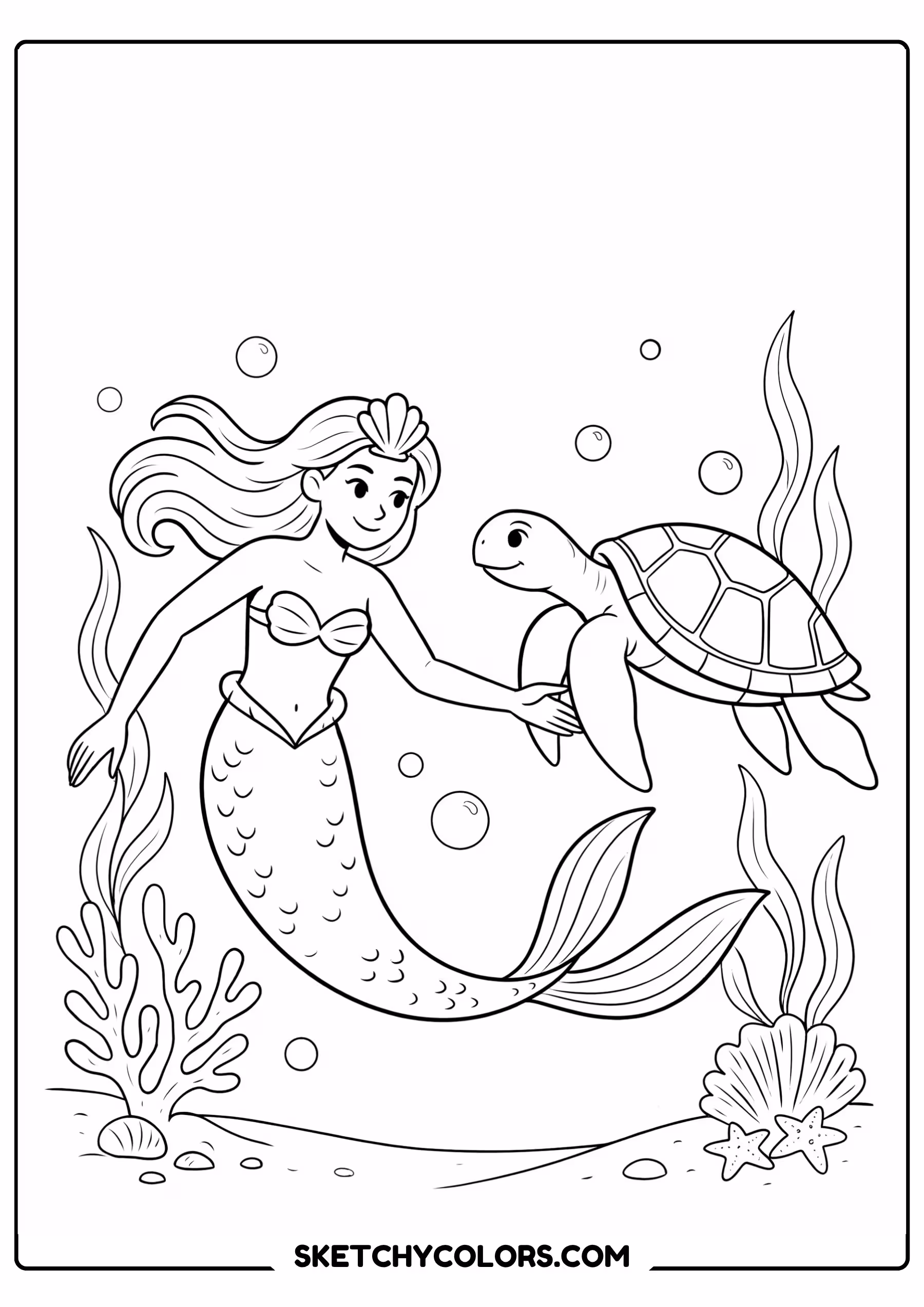 mermaid coloring page swimming sea turtle coral bubbles free printable for kids
