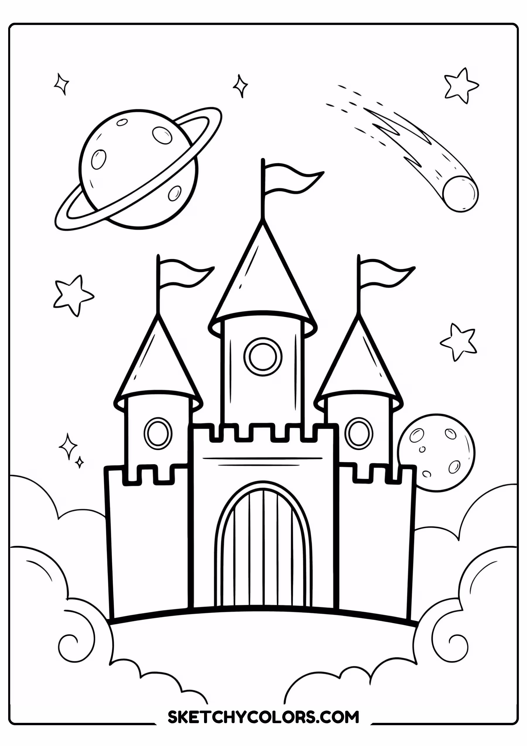 space coloring page magical castle planets stars towers free printable for kids