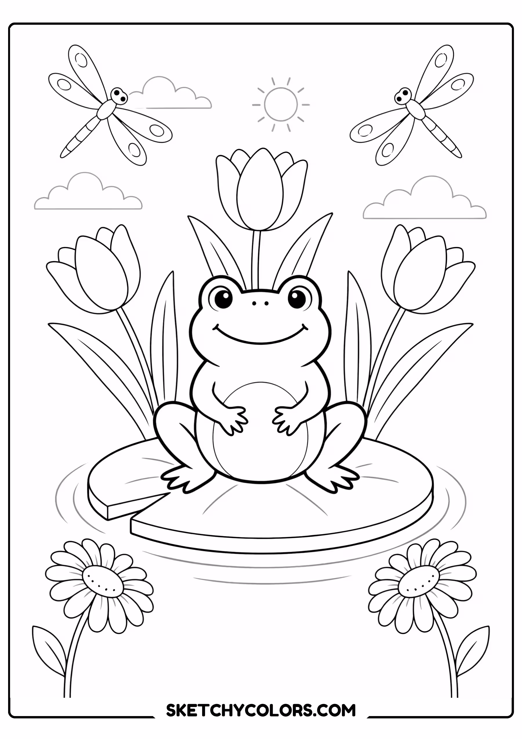 spring coloring page frog lily pad flowers dragonflies free printable for kids
