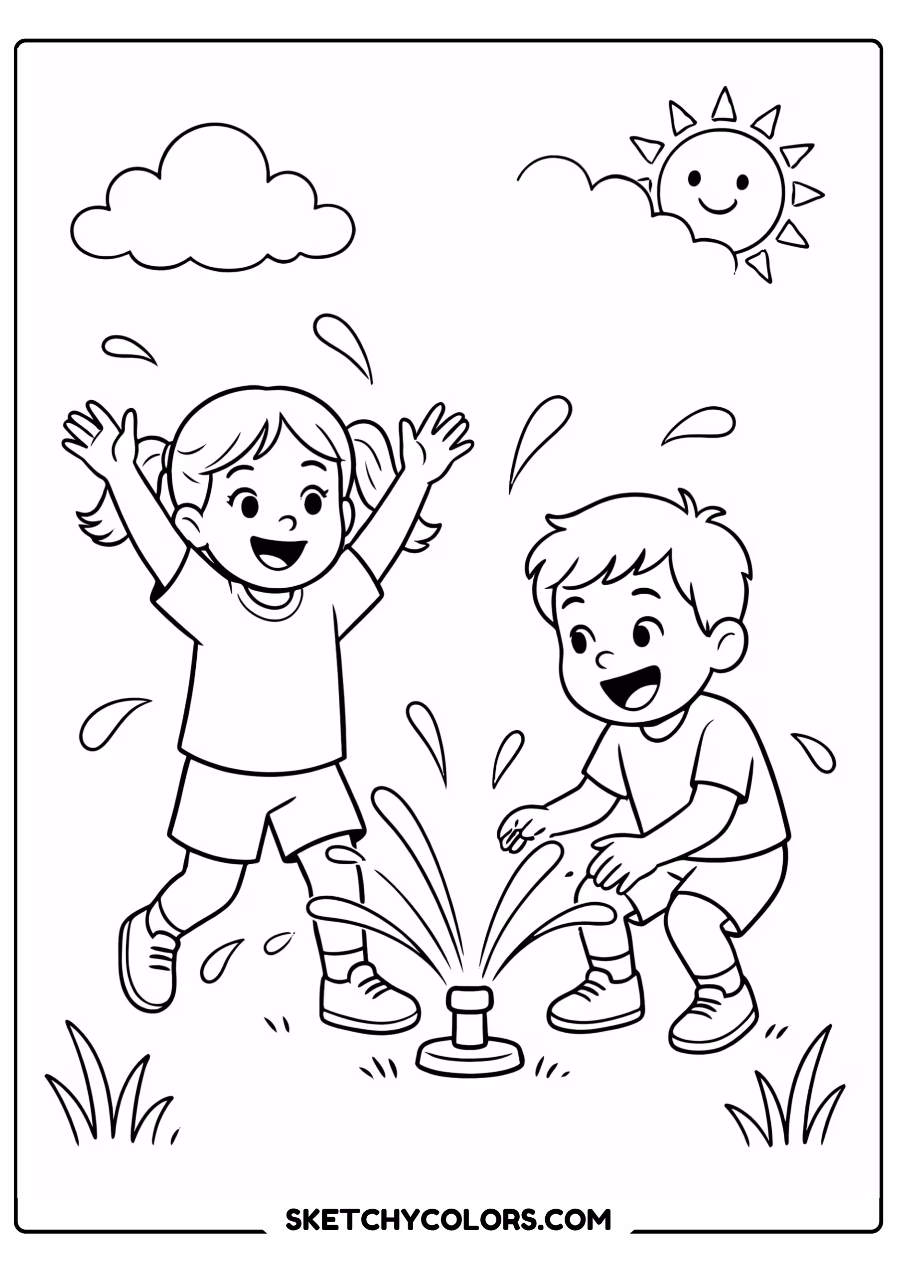 summer coloring page children sprinkler backyard water free printable for kids