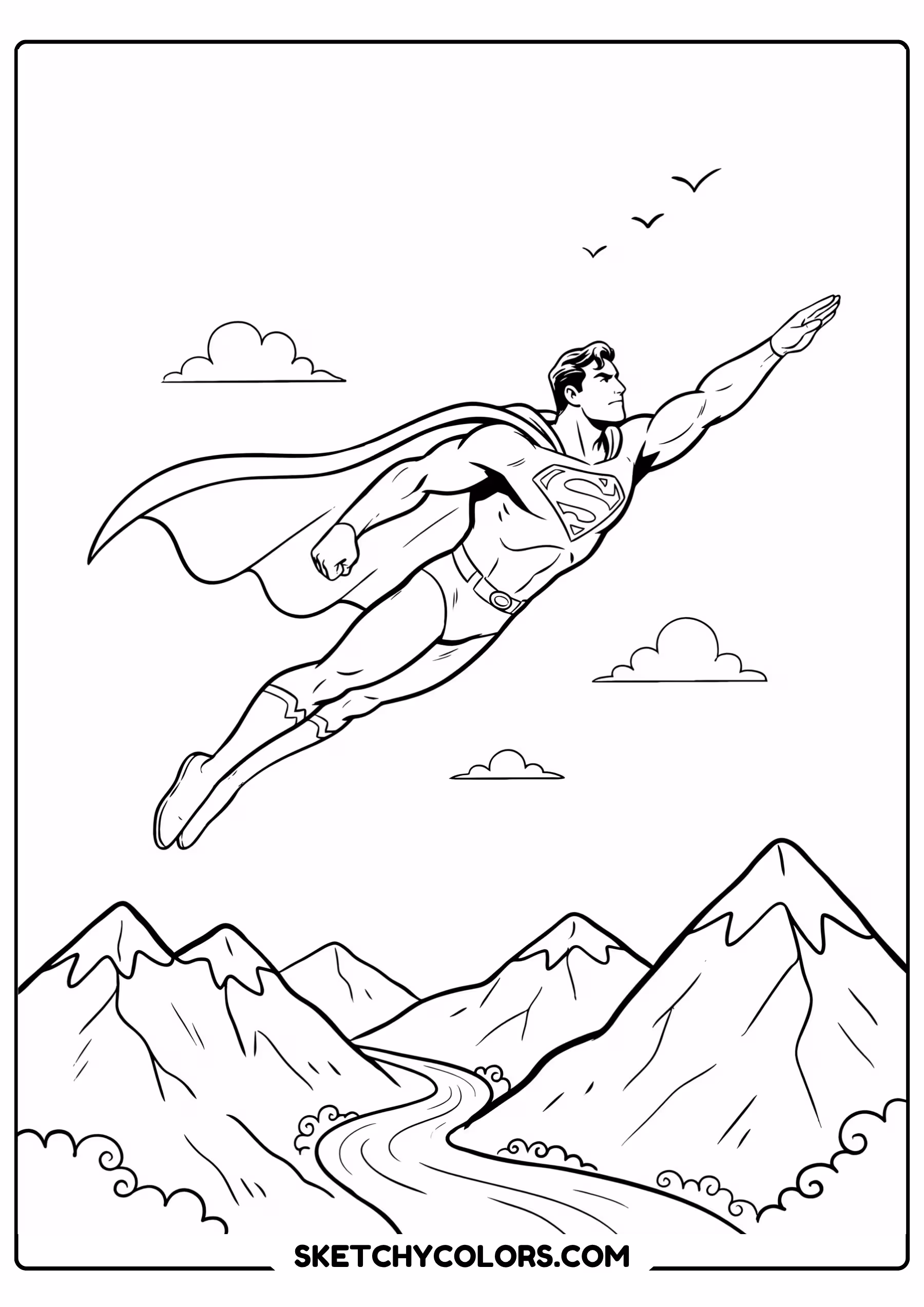 superman over mountains coloring page free printable pdf