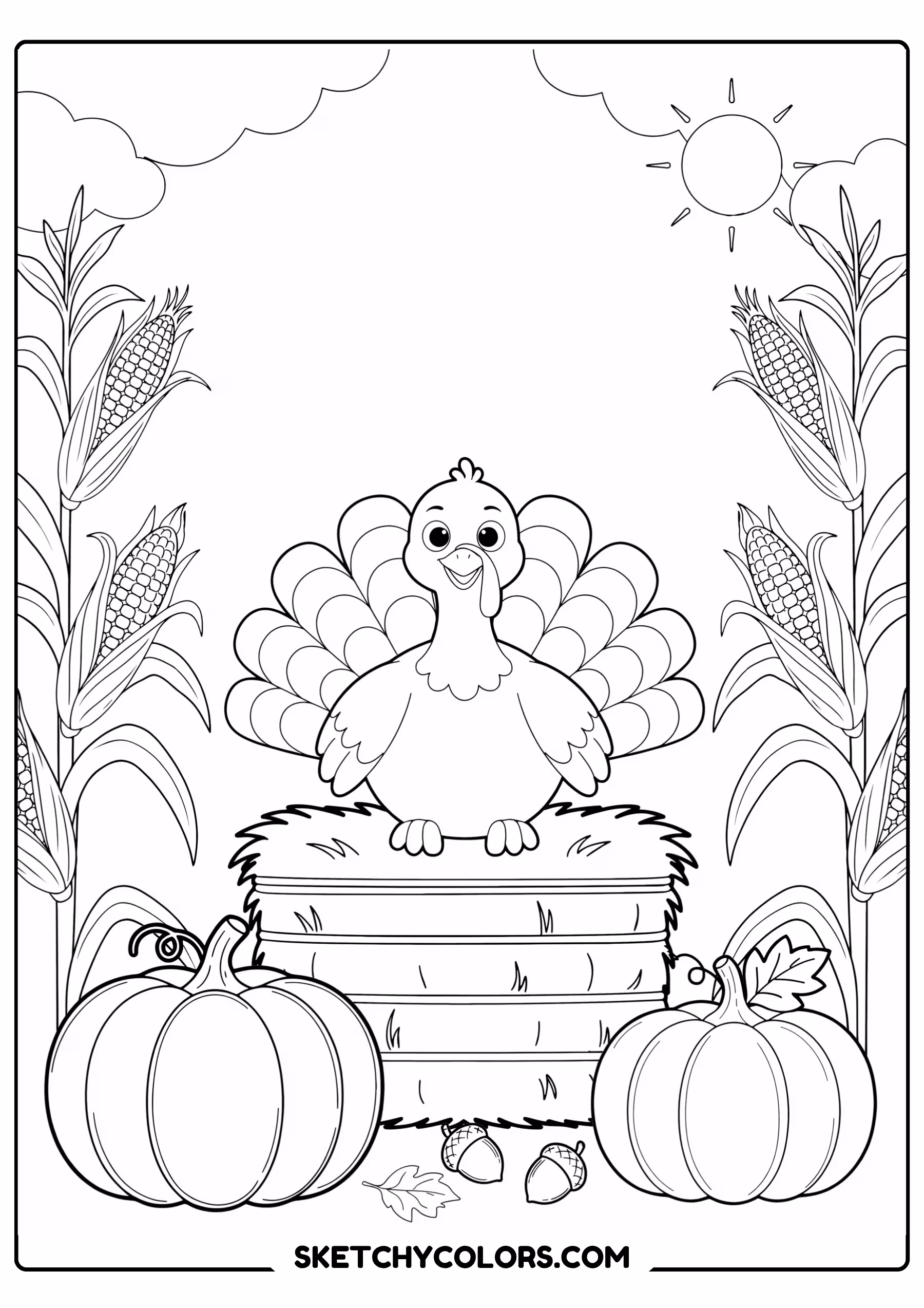 thanksgiving coloring page turkey hay bale pumpkins free printable for kids