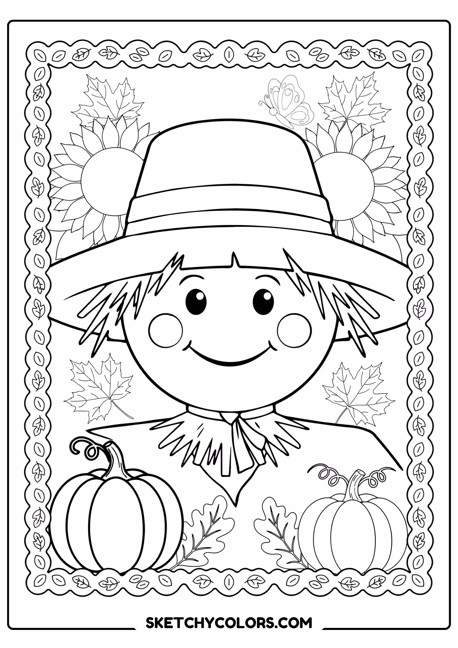 autumn coloring page scarecrow sunflowers pumpkins free printable pdf