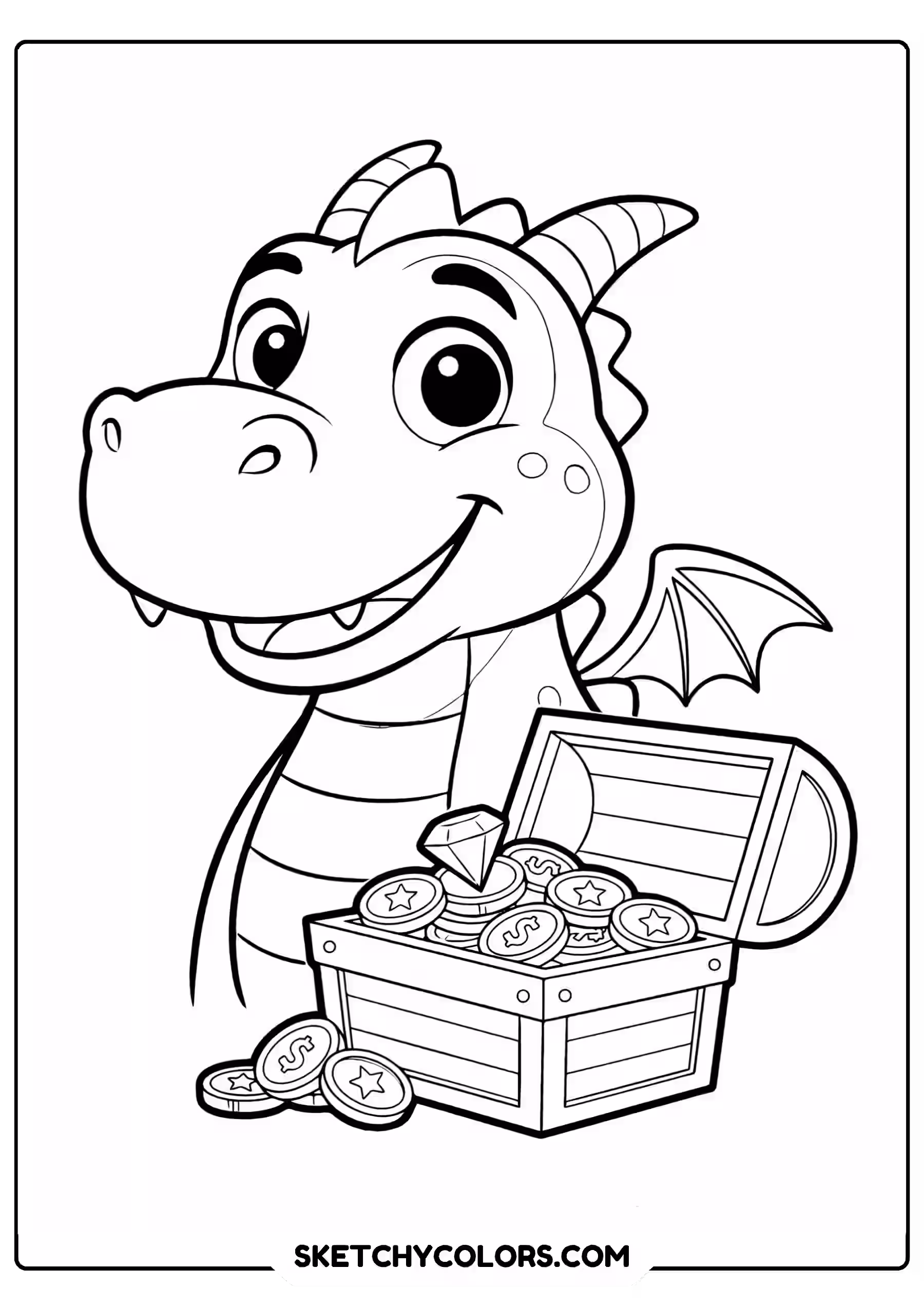 dragon coloring page treasure chest coins friendly free printable pdf