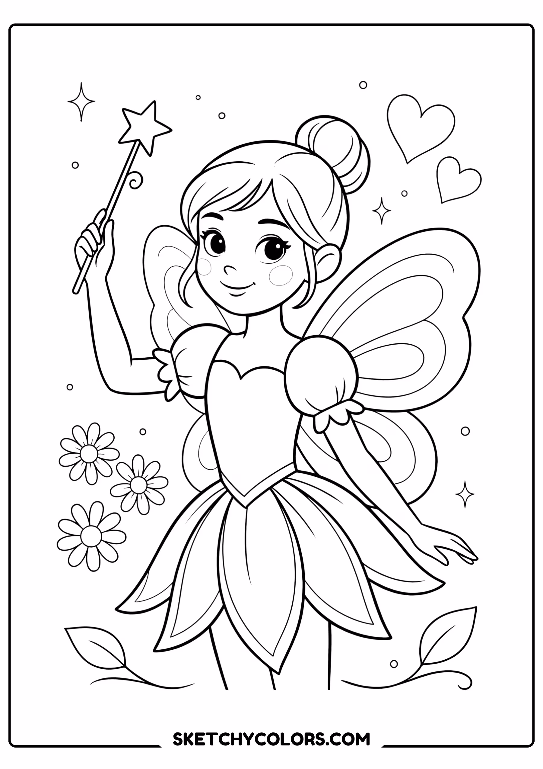 fairy coloring page magic wand sparkles flowers hearts free printable pdf