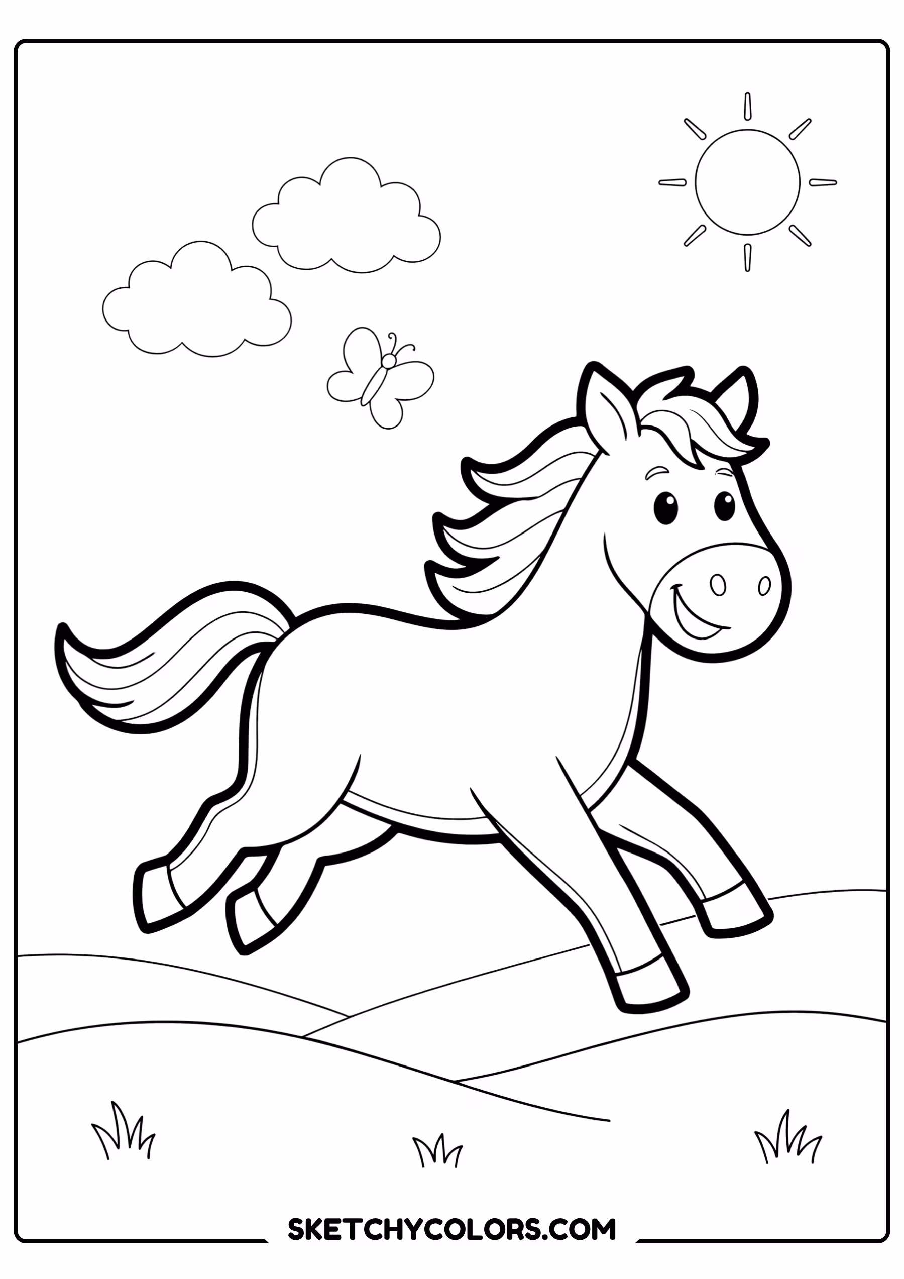 horse coloring page galloping field free printable pdf