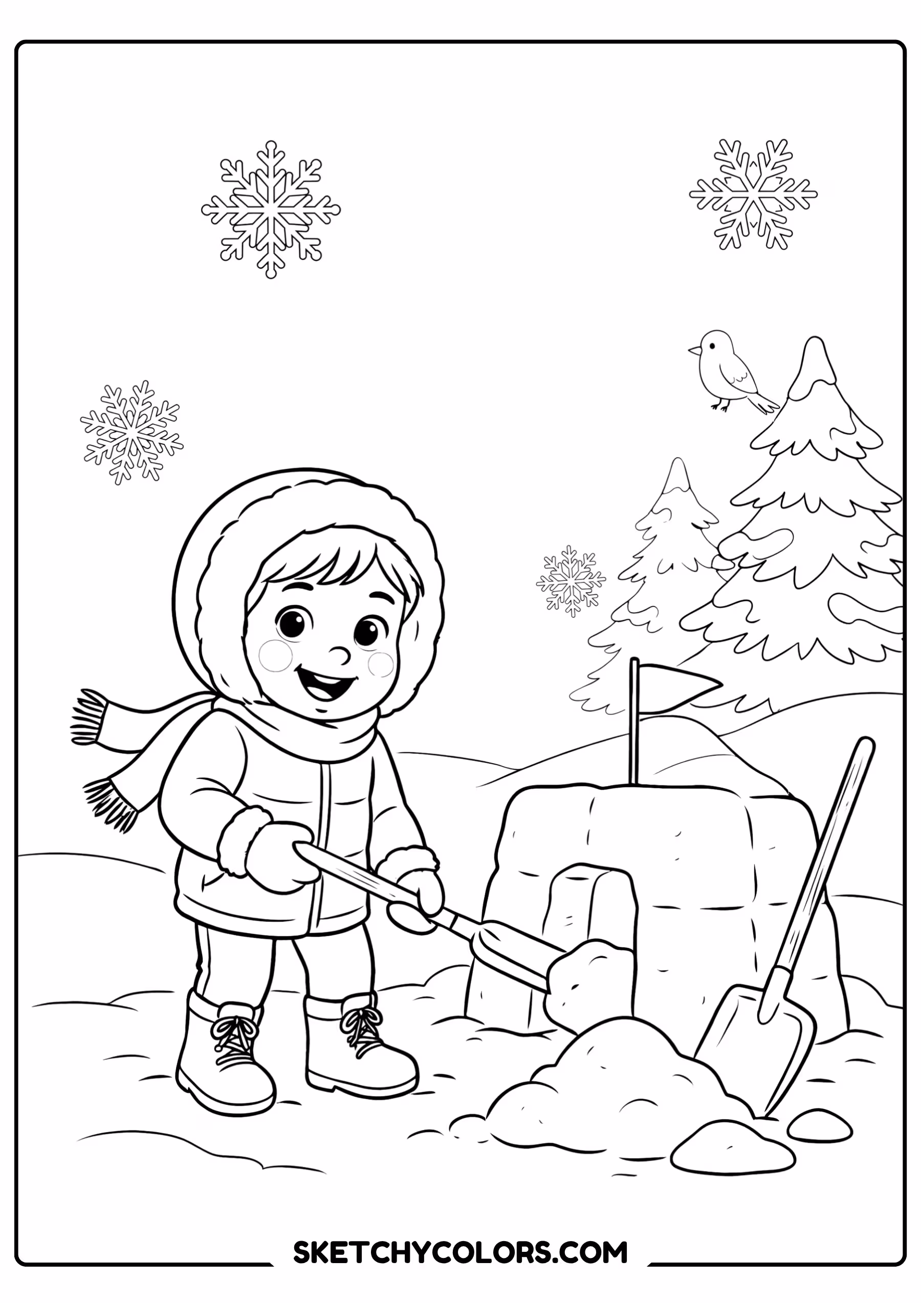 january coloring page child snow fort free printable pdf