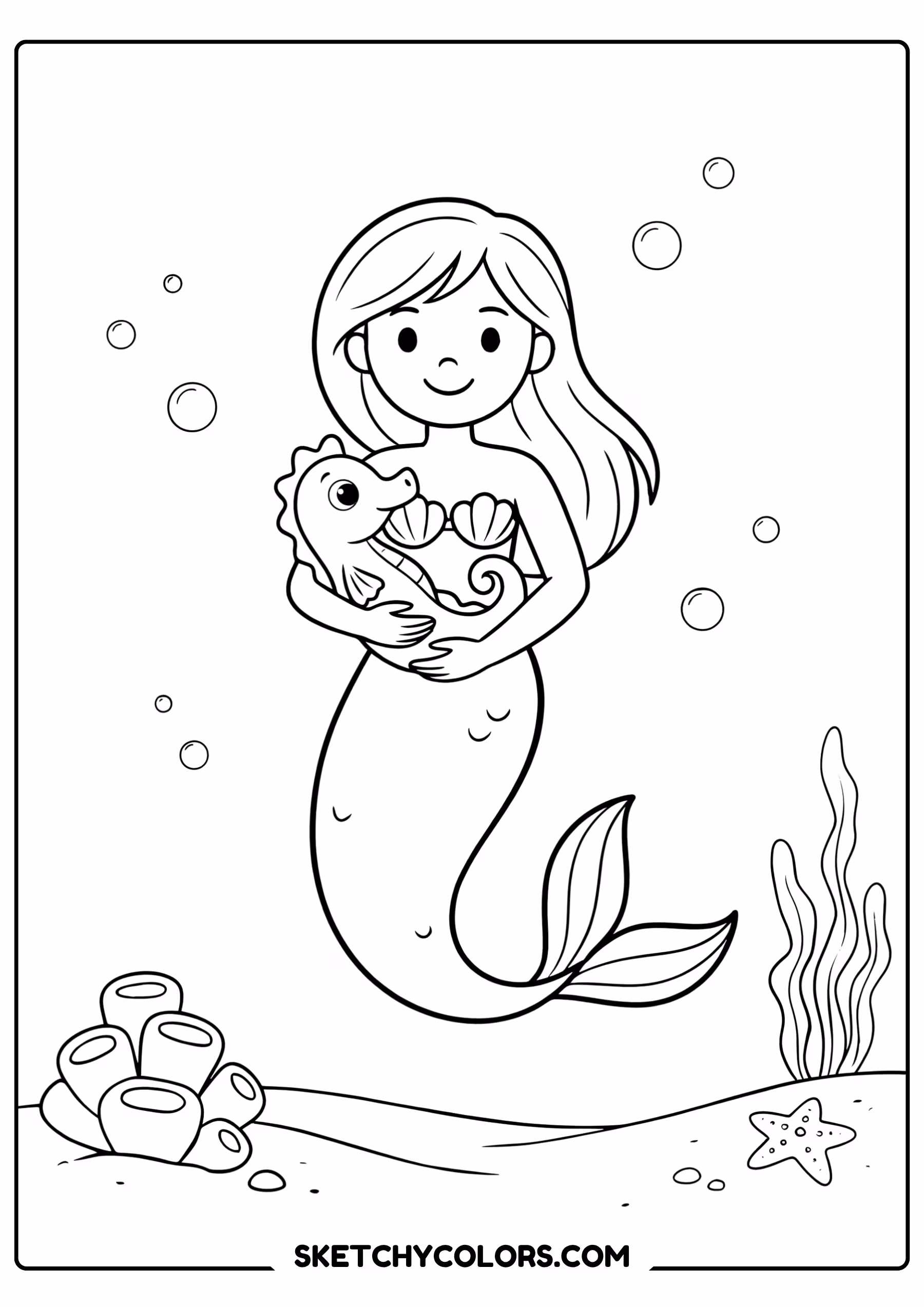 mermaid coloring page holding seahorse underwater coral free printable pdf