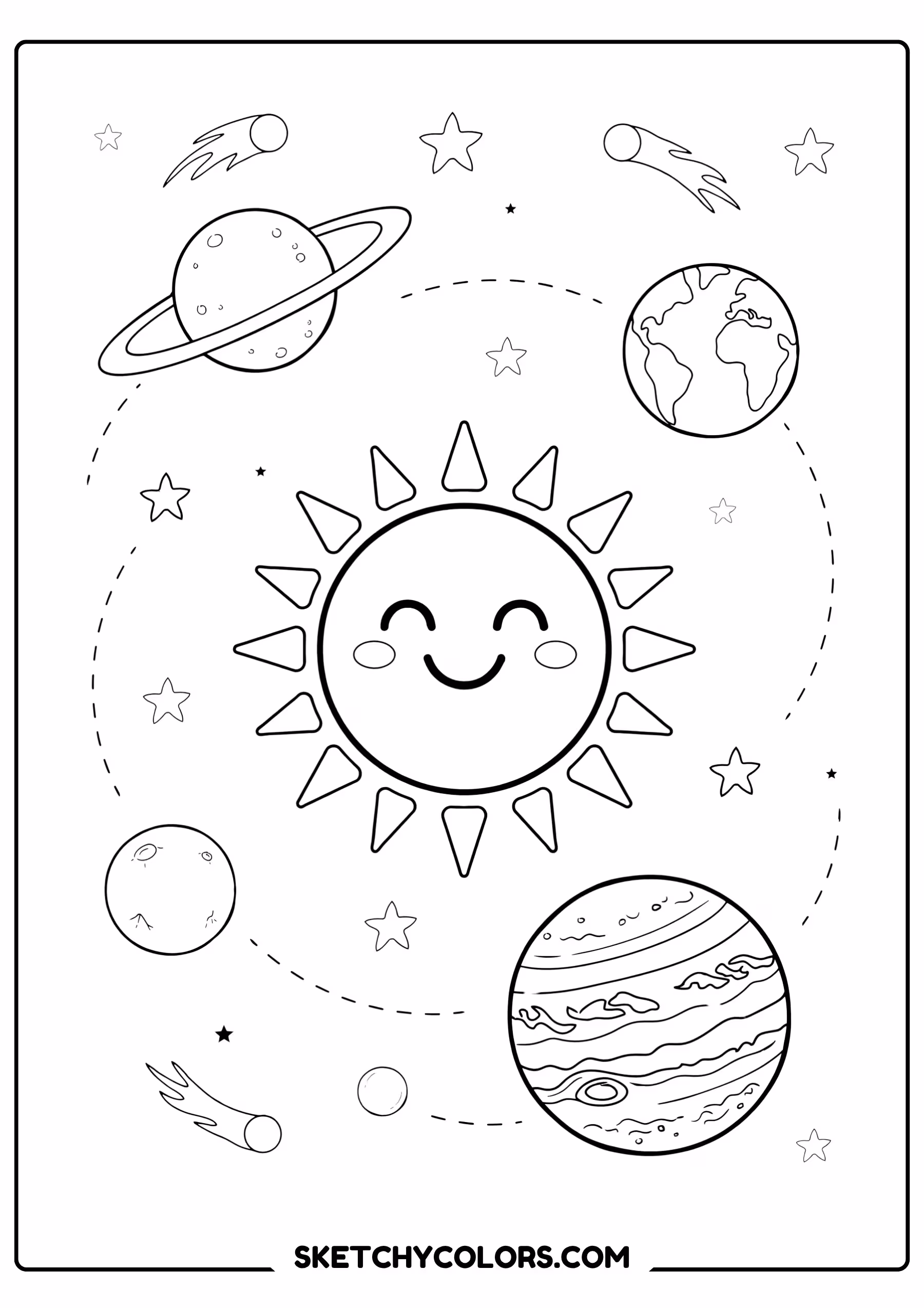 solar system coloring page smiling sun planets free printable pdf