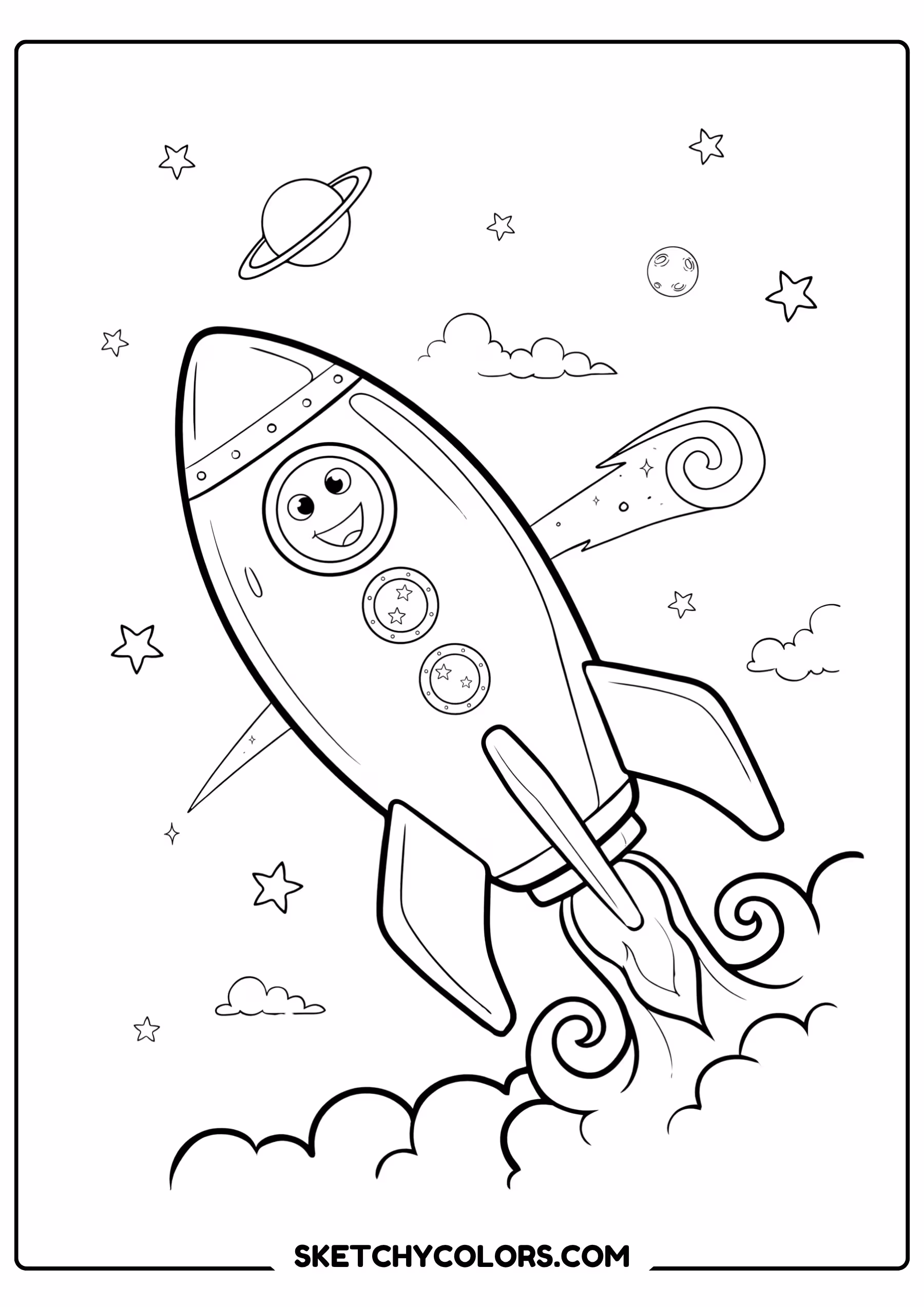 space coloring page rocket ship blasting planets free printable pdf