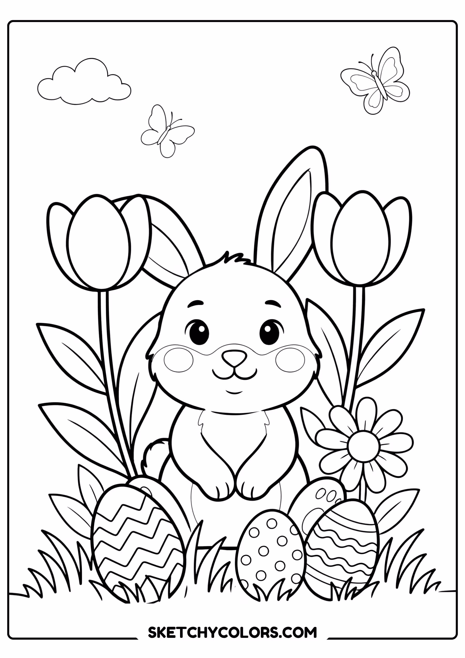 spring coloring page bunny flowers decorated eggs free printable pdf