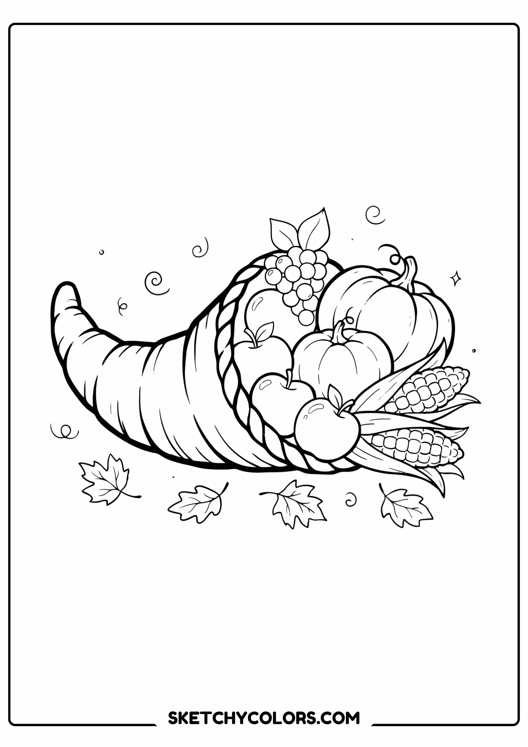 thanksgiving coloring page cornucopia harvest pumpkins free printable pdf