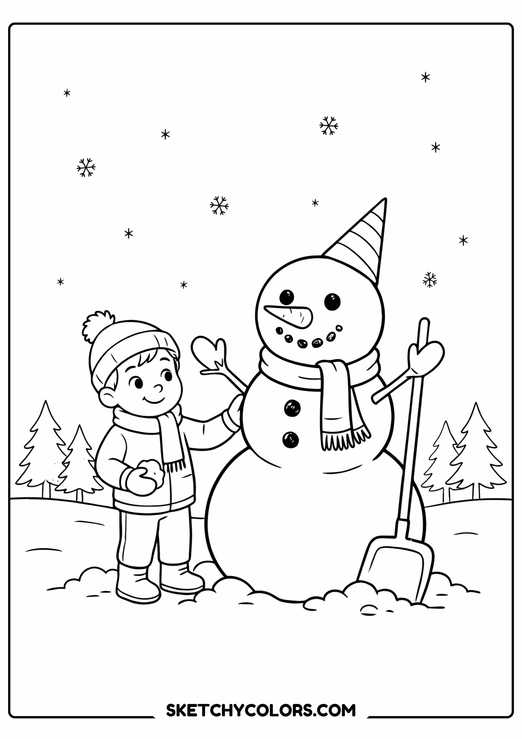 winter child building snowman coloring page free printable