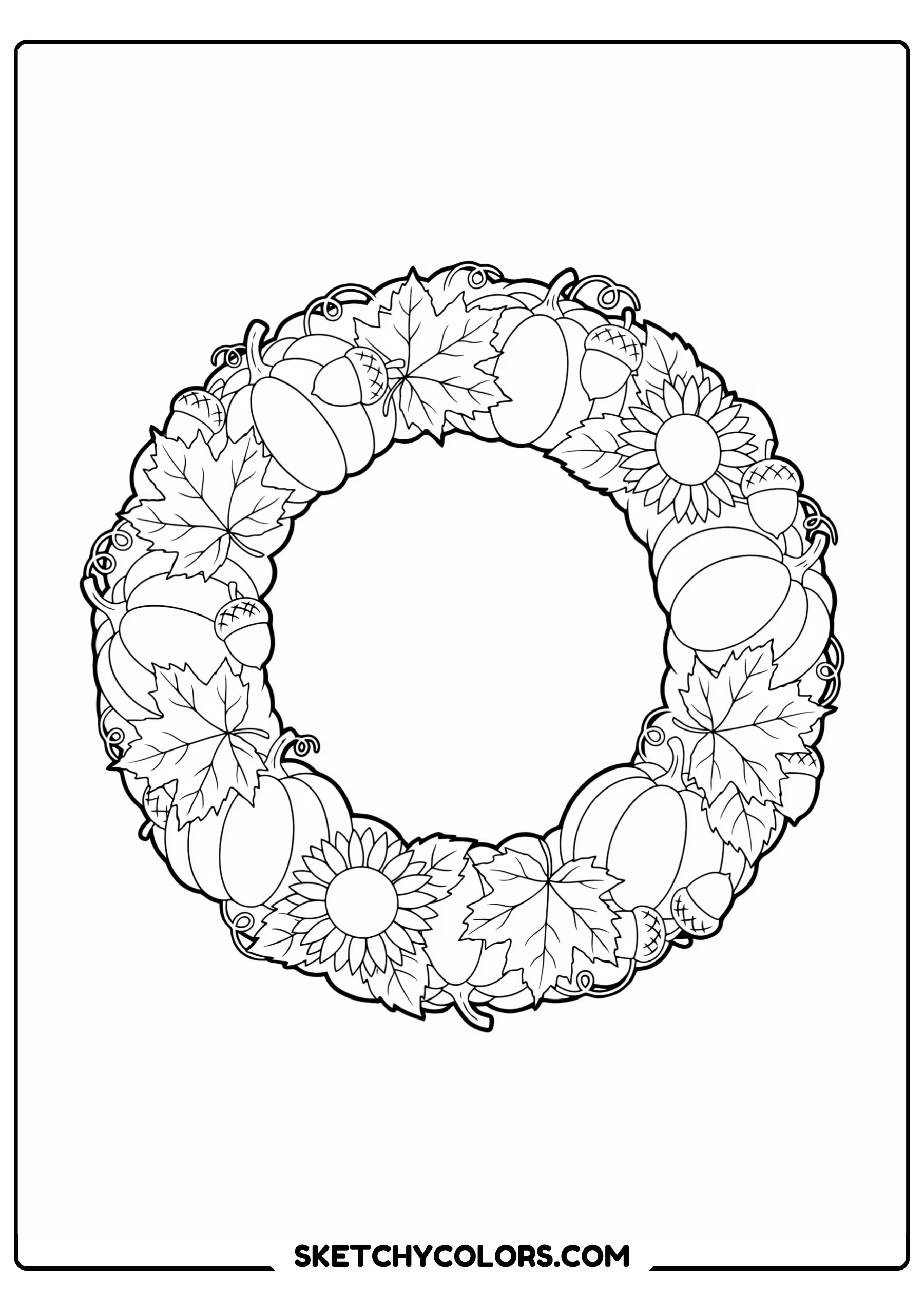 autumn coloring page harvest wreath pumpkins maple leaves free printable pdf