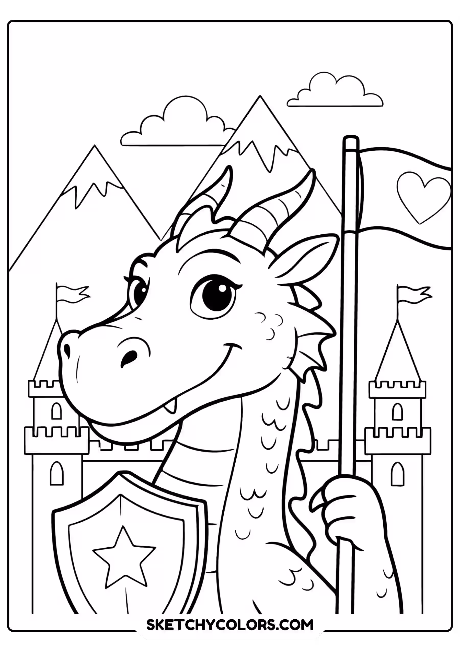dragon coloring page heroic shield banner castle mountains free printable pdf