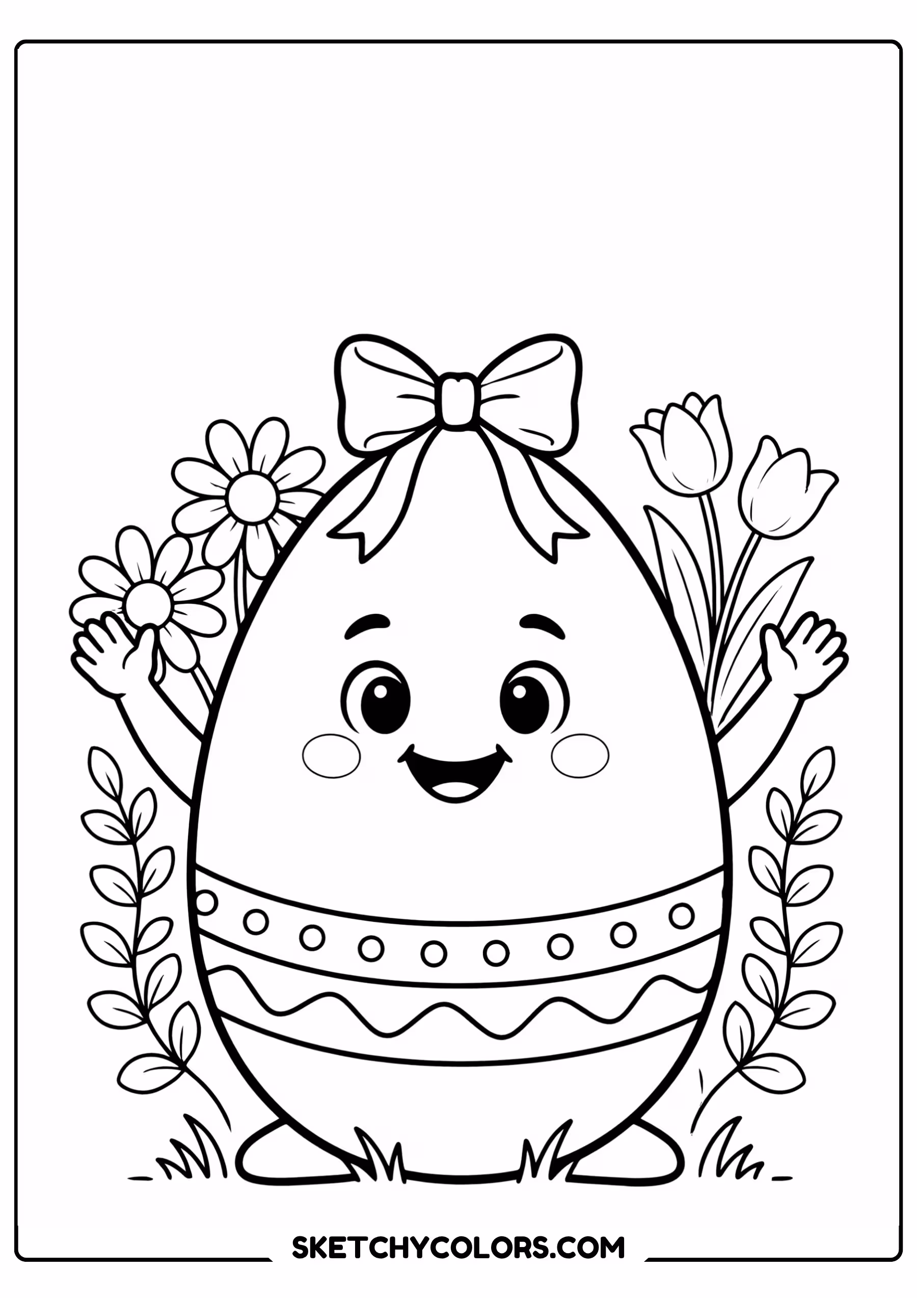 easter coloring page smiling egg character bow free printable pdf