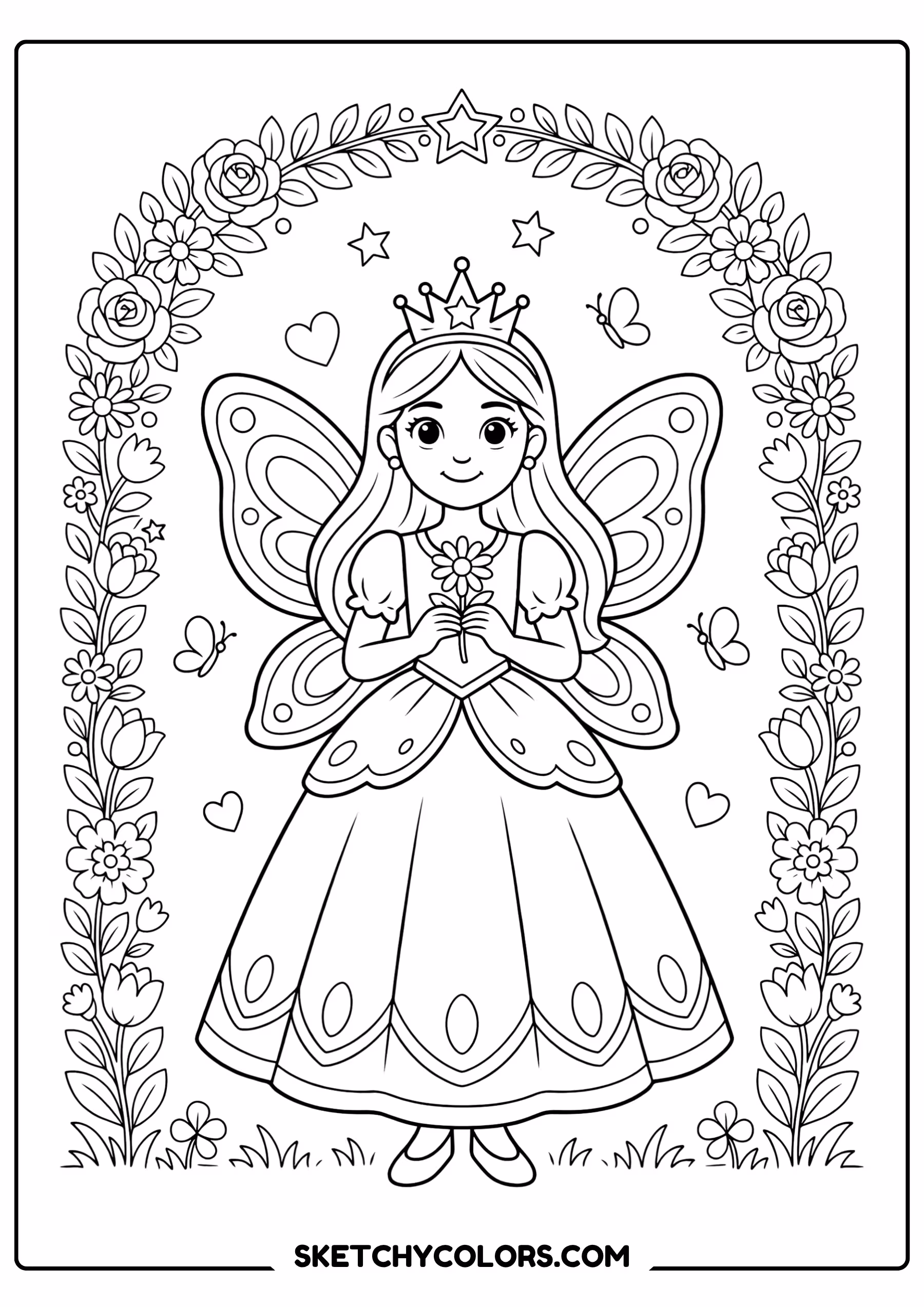 fairy coloring page queen flower archway elegant crown wings free printable pdf