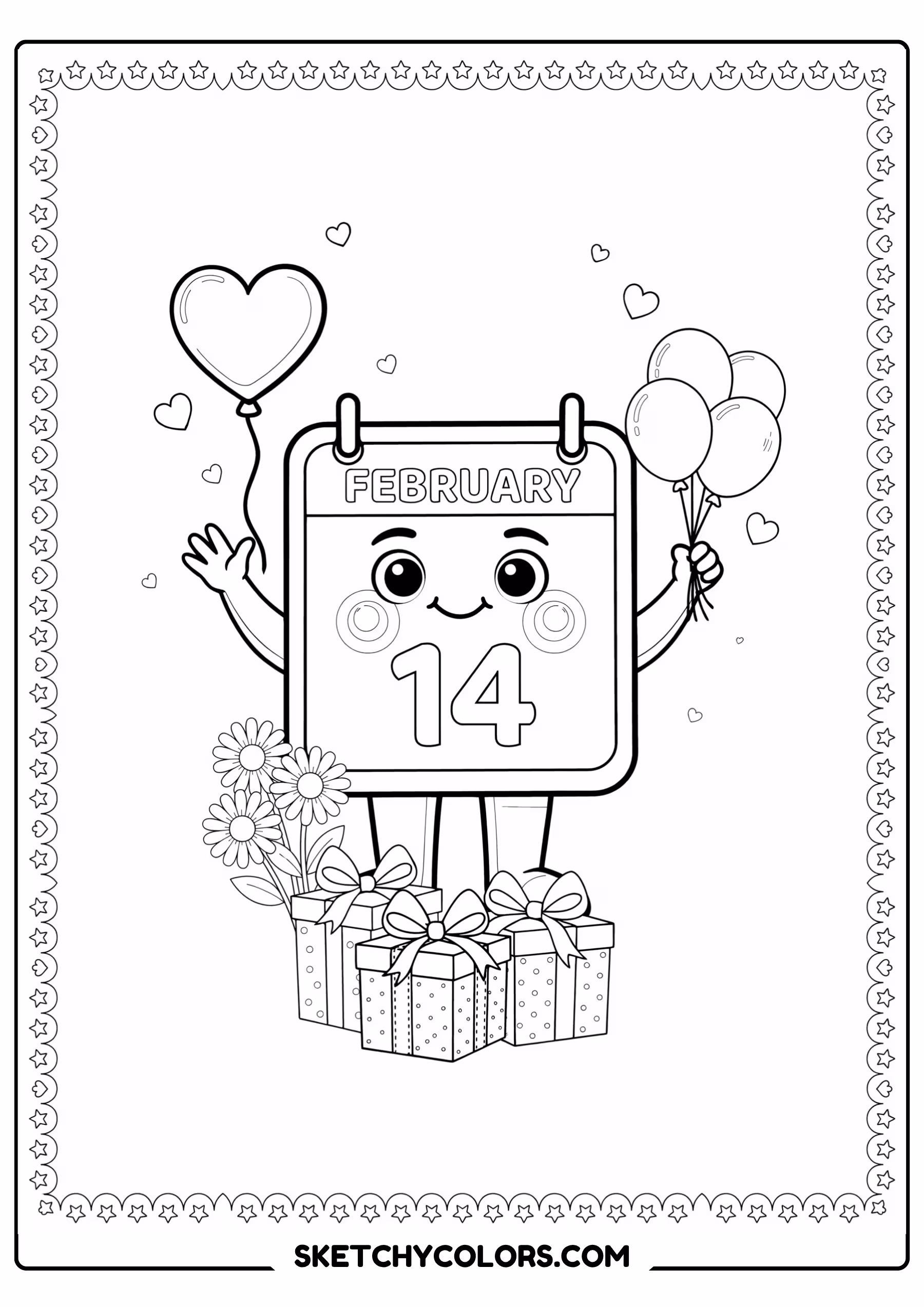 february coloring page celebration hearts gifts balloons free printable pdf
