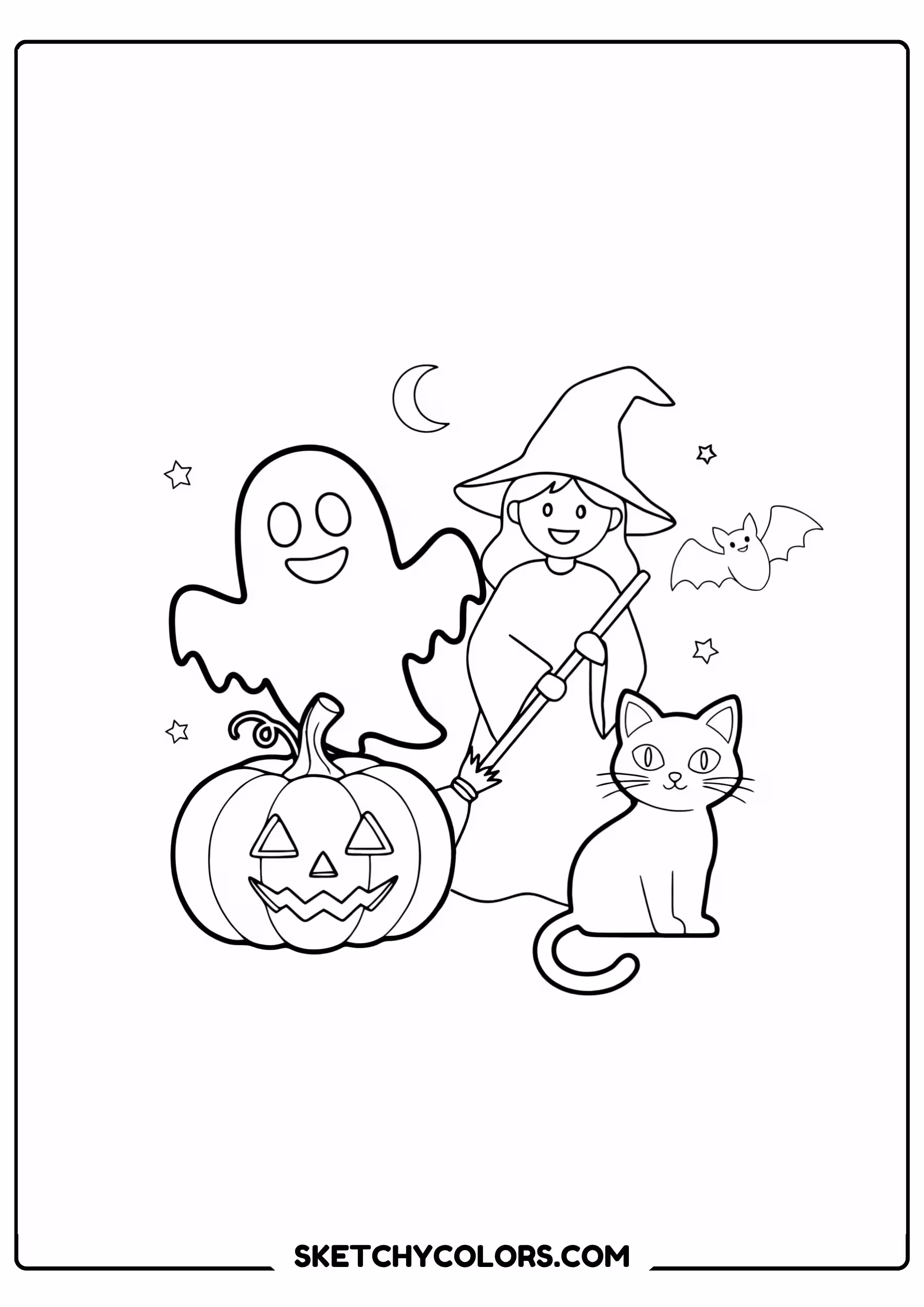 halloween coloring page friends group ghost witch pumpkin free printable pdf