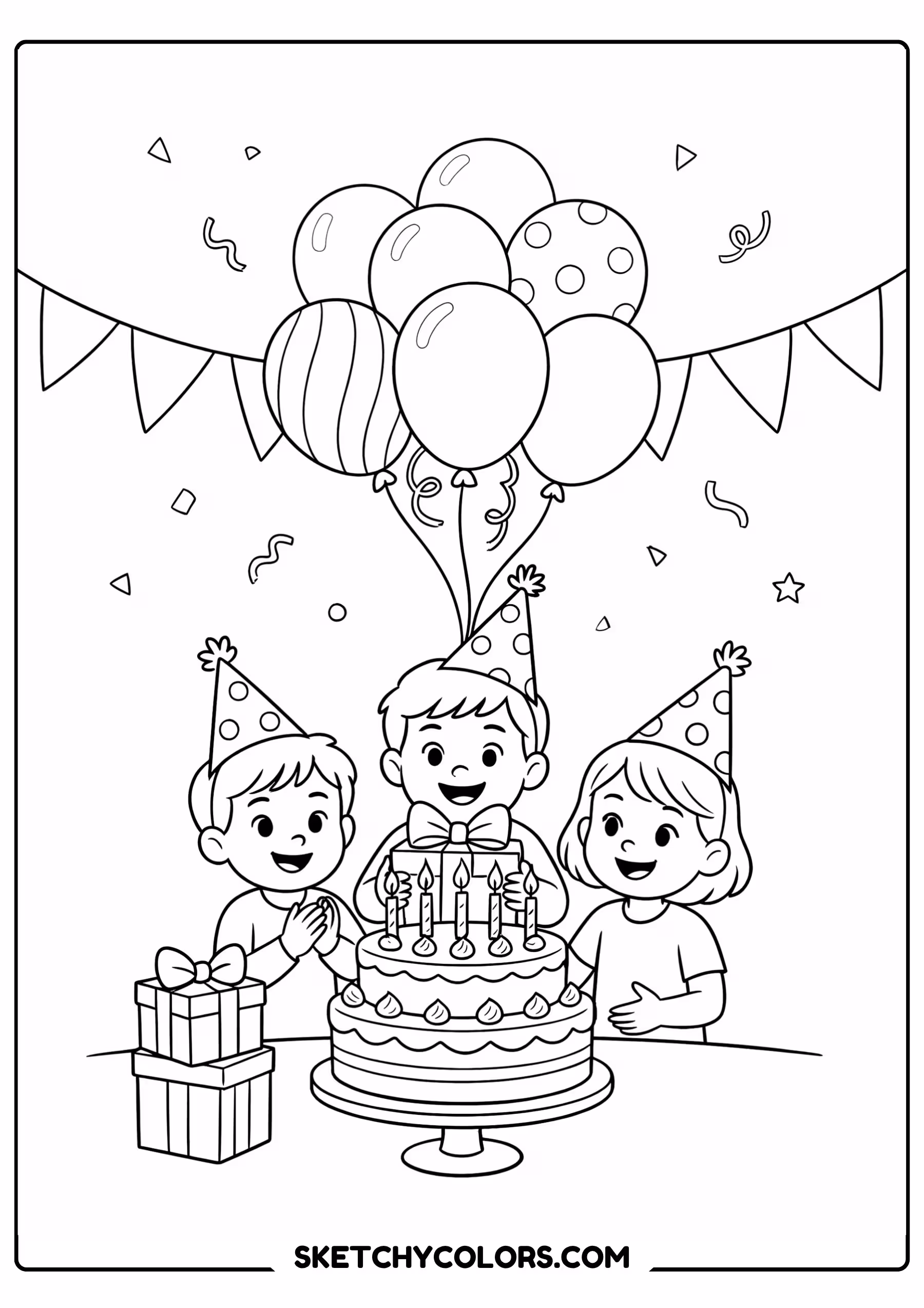 happy birthday coloring page celebration children cake balloons free printable pdf