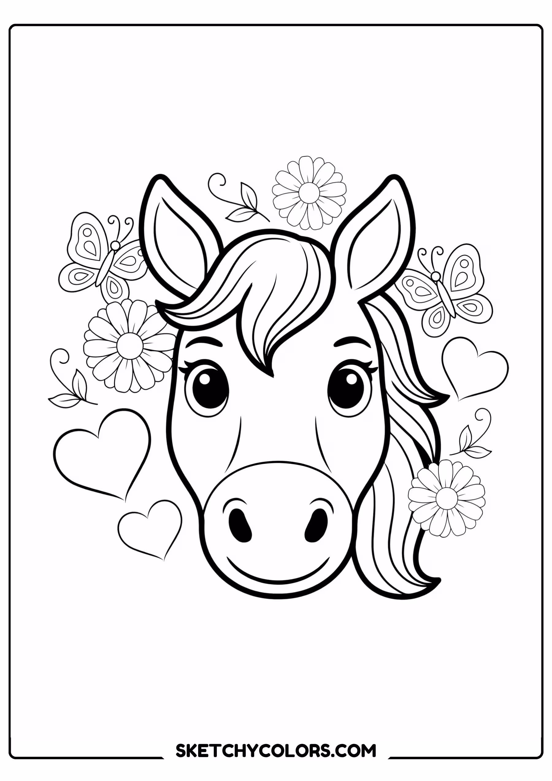 horse coloring page cheerful face flowers hearts free printable pdf