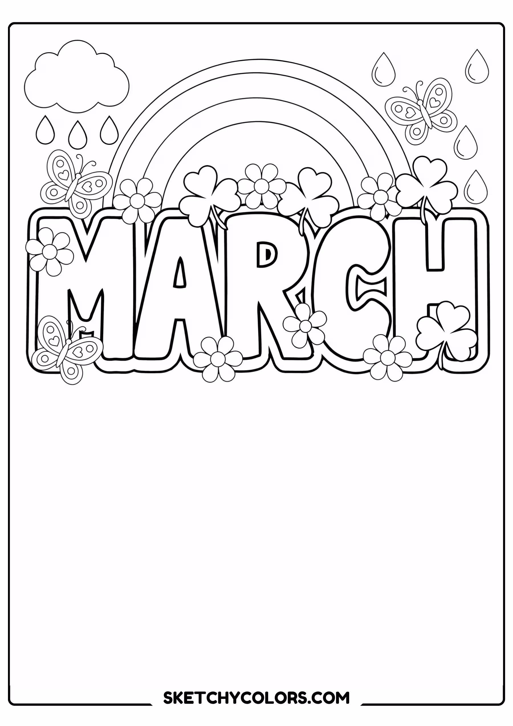 march coloring page bubble letters shamrocks flowers free printable pdf