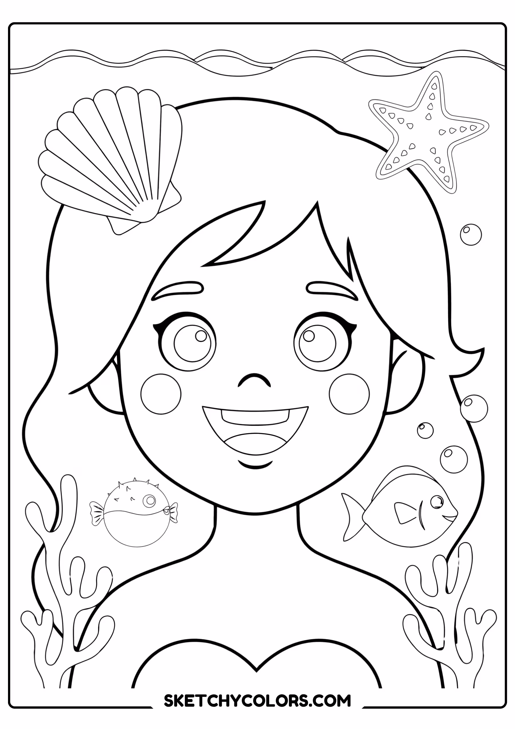 mermaid coloring page framed seashells coral friendly fish free printable pdf