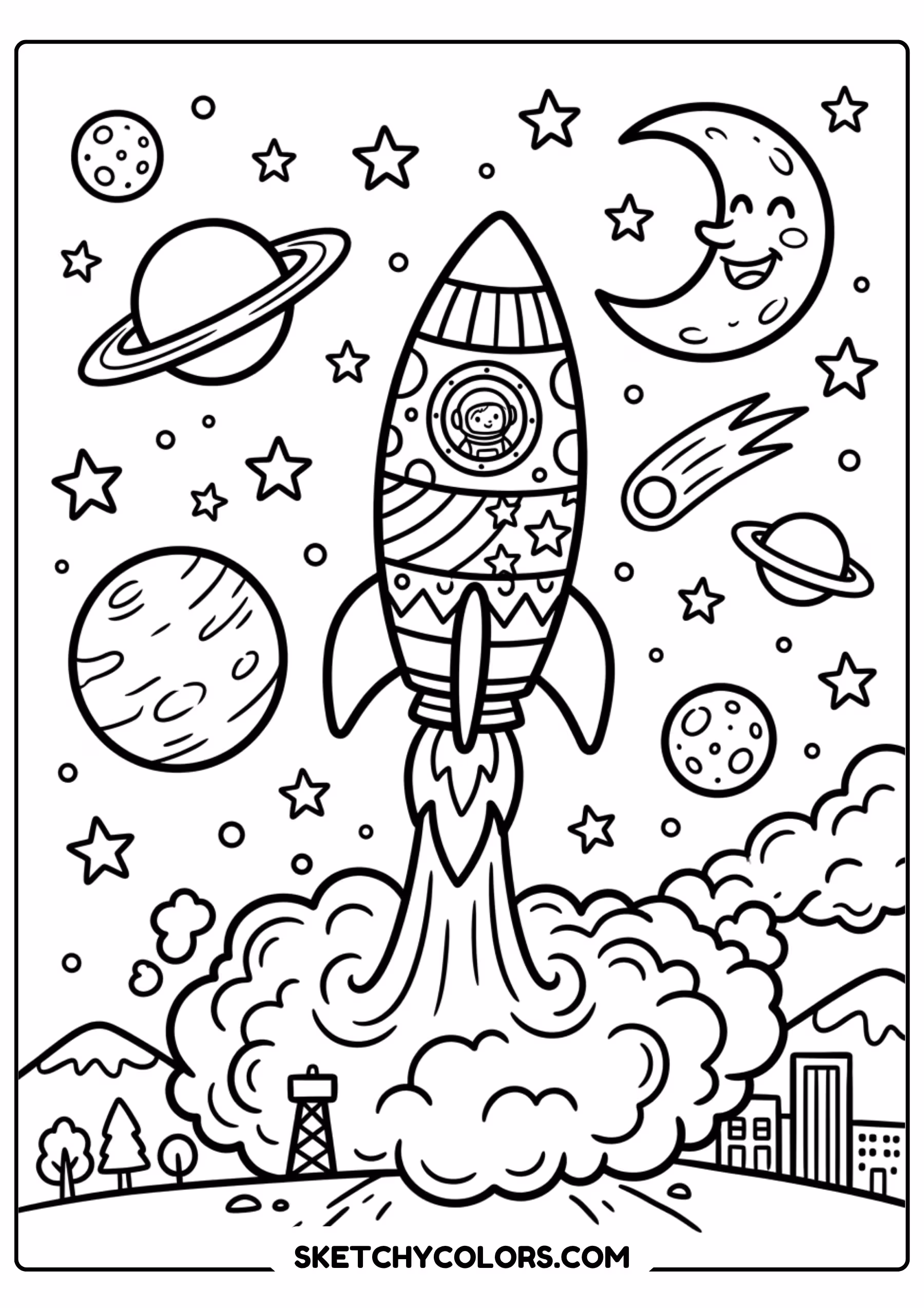 rainbow space rocket coloring page printable