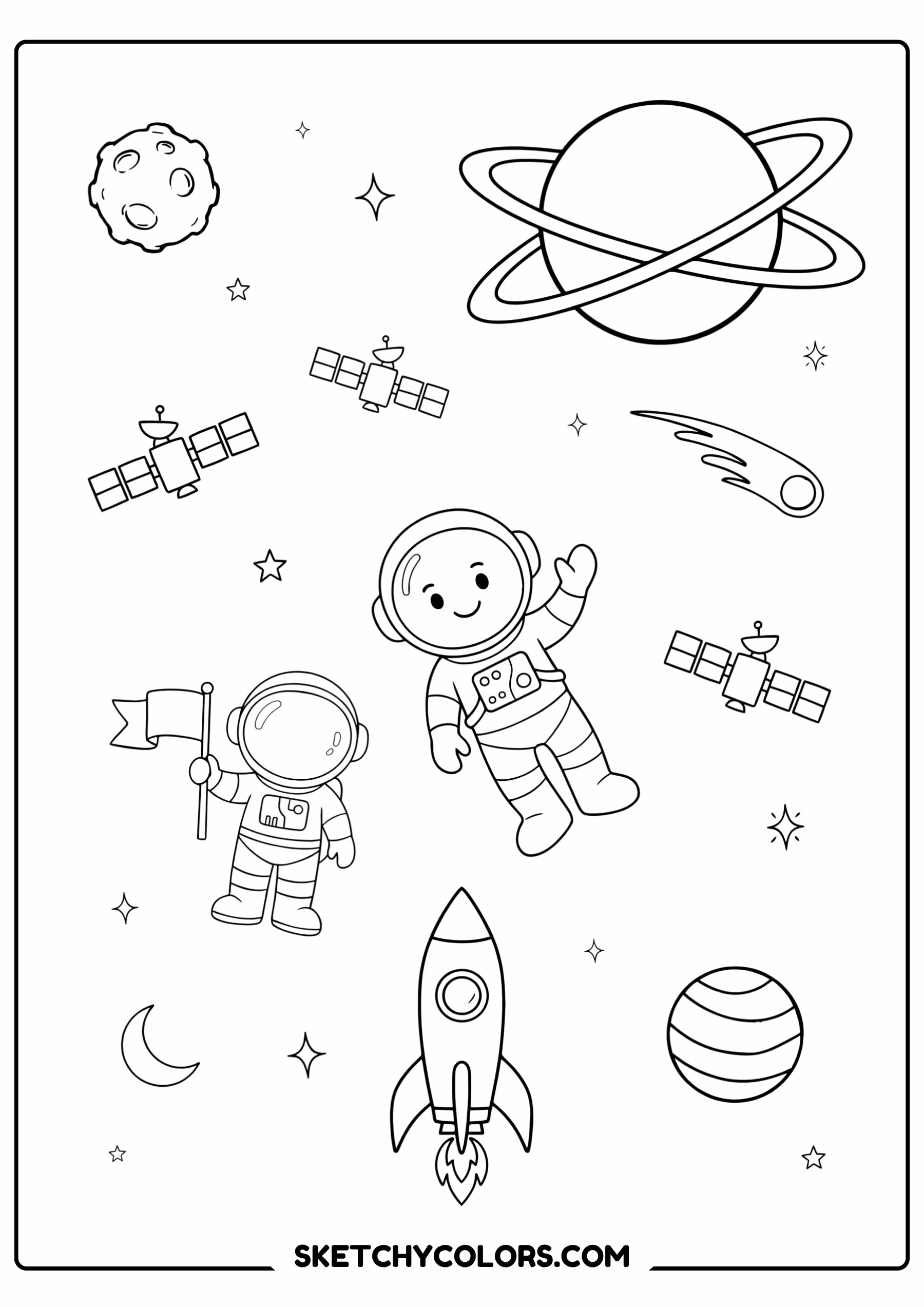 solar system coloring page space adventure astronauts rockets free printable pdf