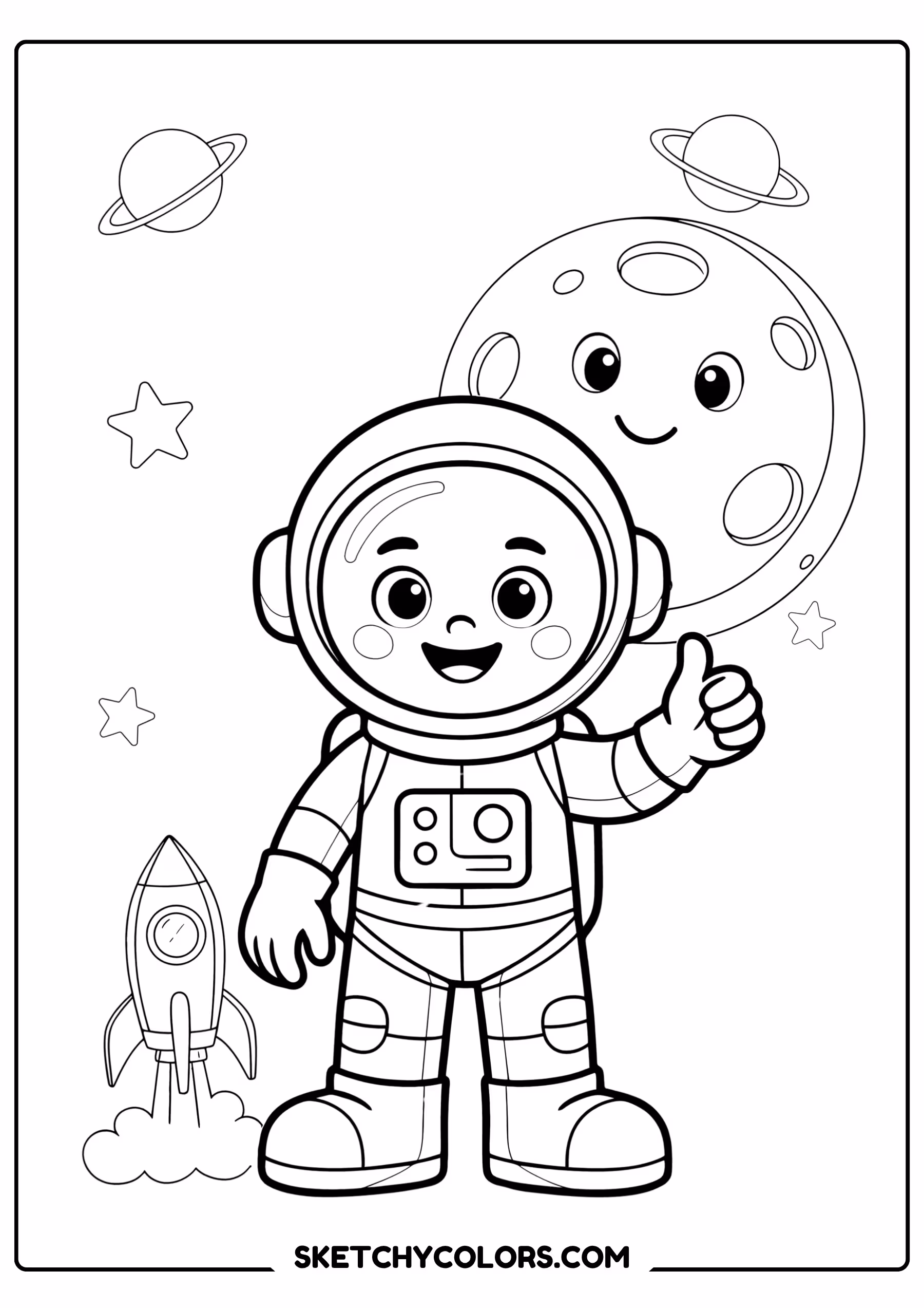 space coloring page astronaut thumbs up moon planets free printable pdf