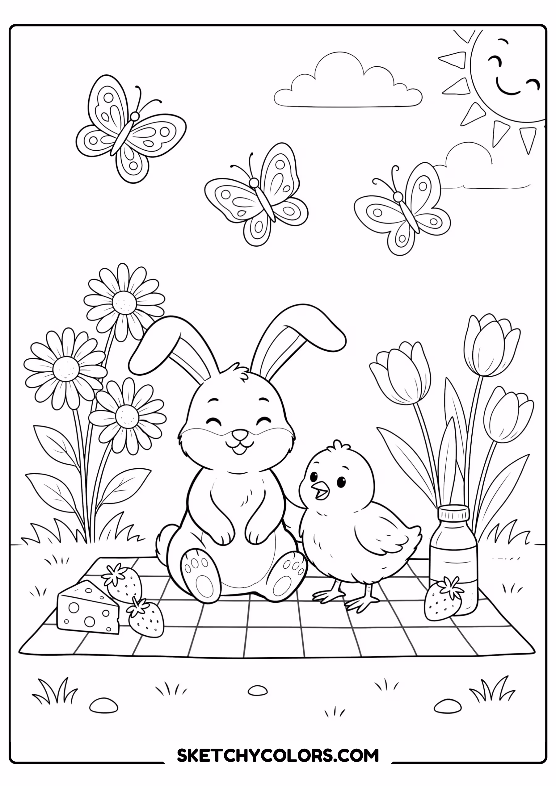 spring coloring page picnic bunny chick flowers butterflies free printable pdf