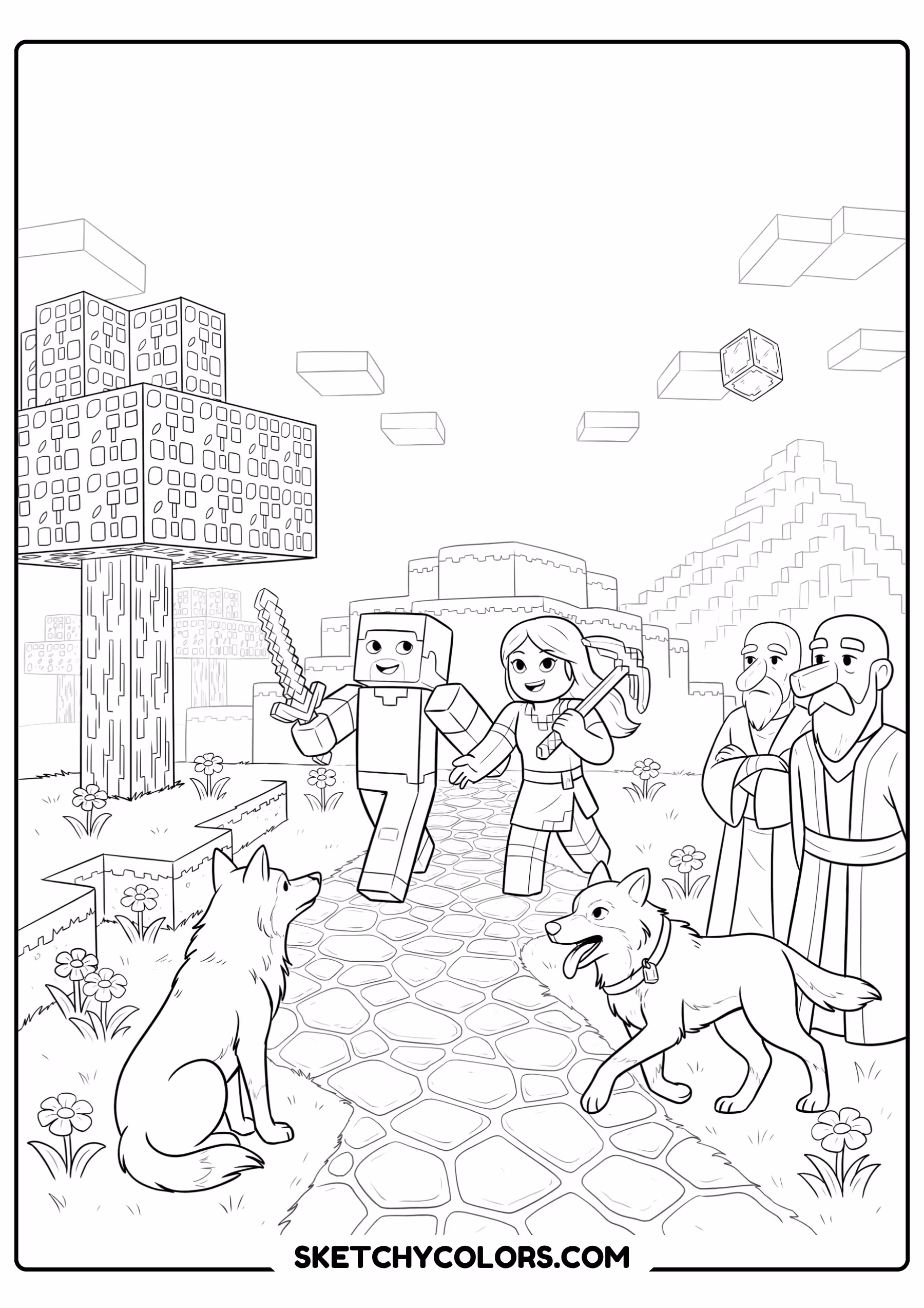 minecraft group adventure printable coloring page pdf