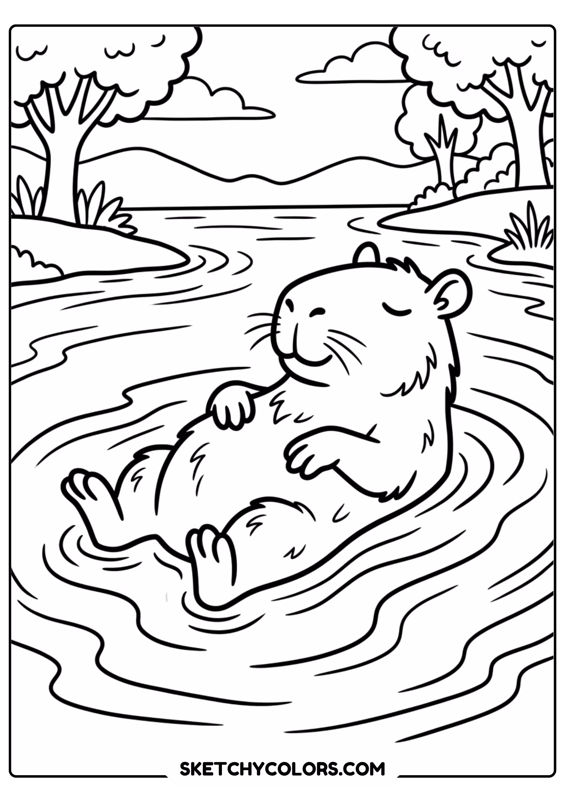 capybara river group swimming free printable coloring page for kids