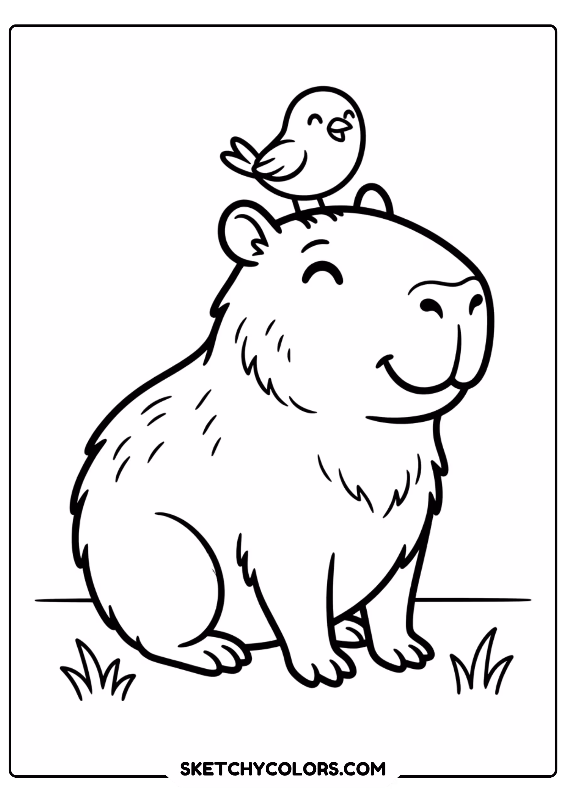 capybara bird friend sitting free printable coloring page for kids