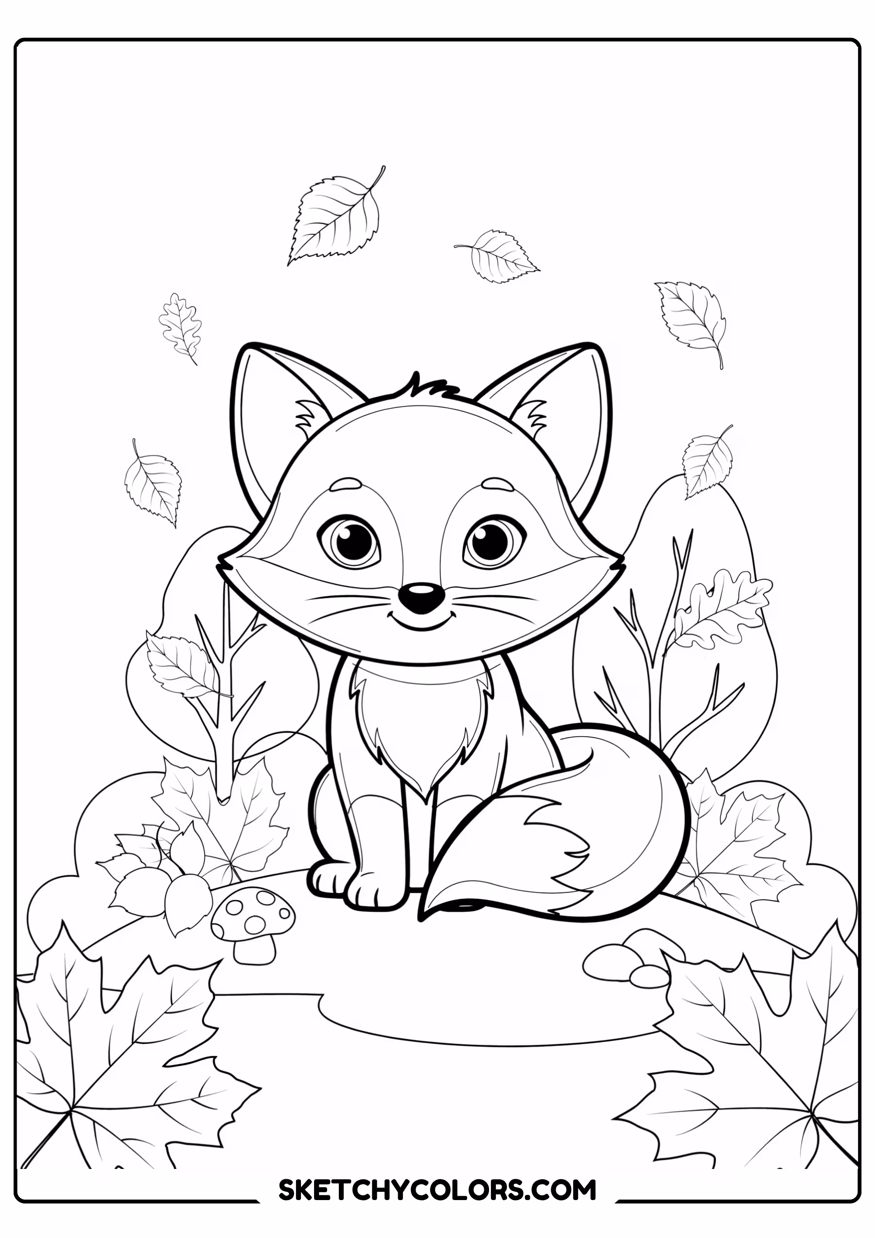 autumn coloring page fox autumn leaves fluffy tail free printable for kids