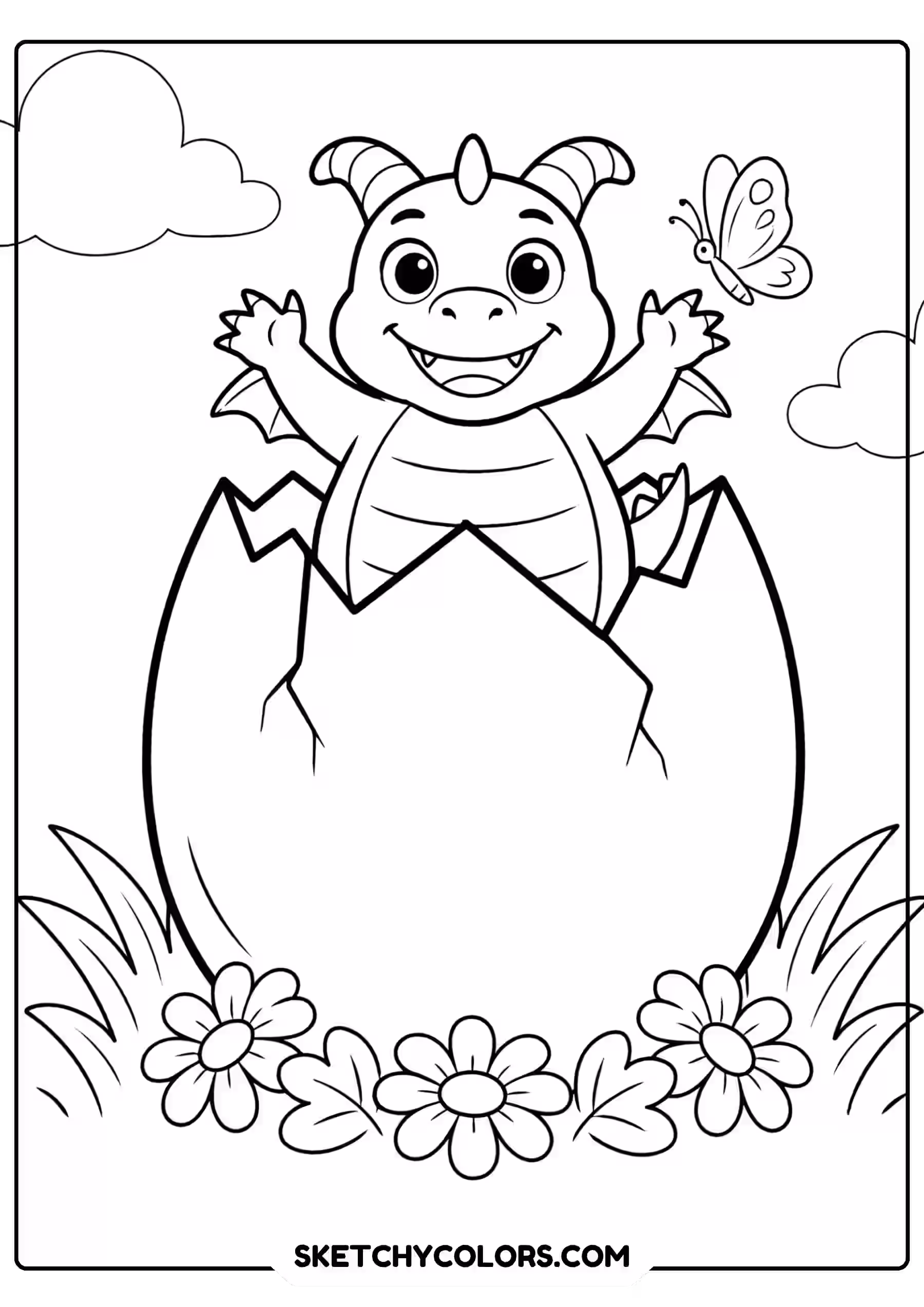 dragon coloring page baby dragon hatching egg flowers free printable for kids