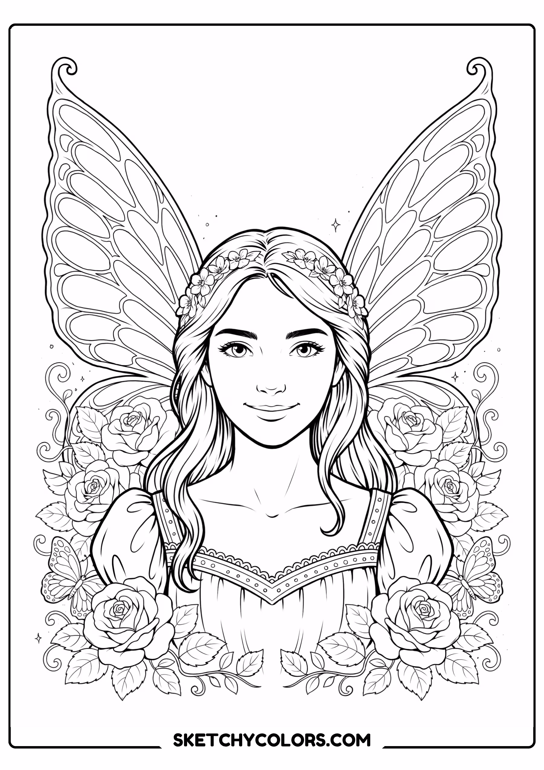 fairy coloring page princess flower crown elegant wings roses free printable for kids