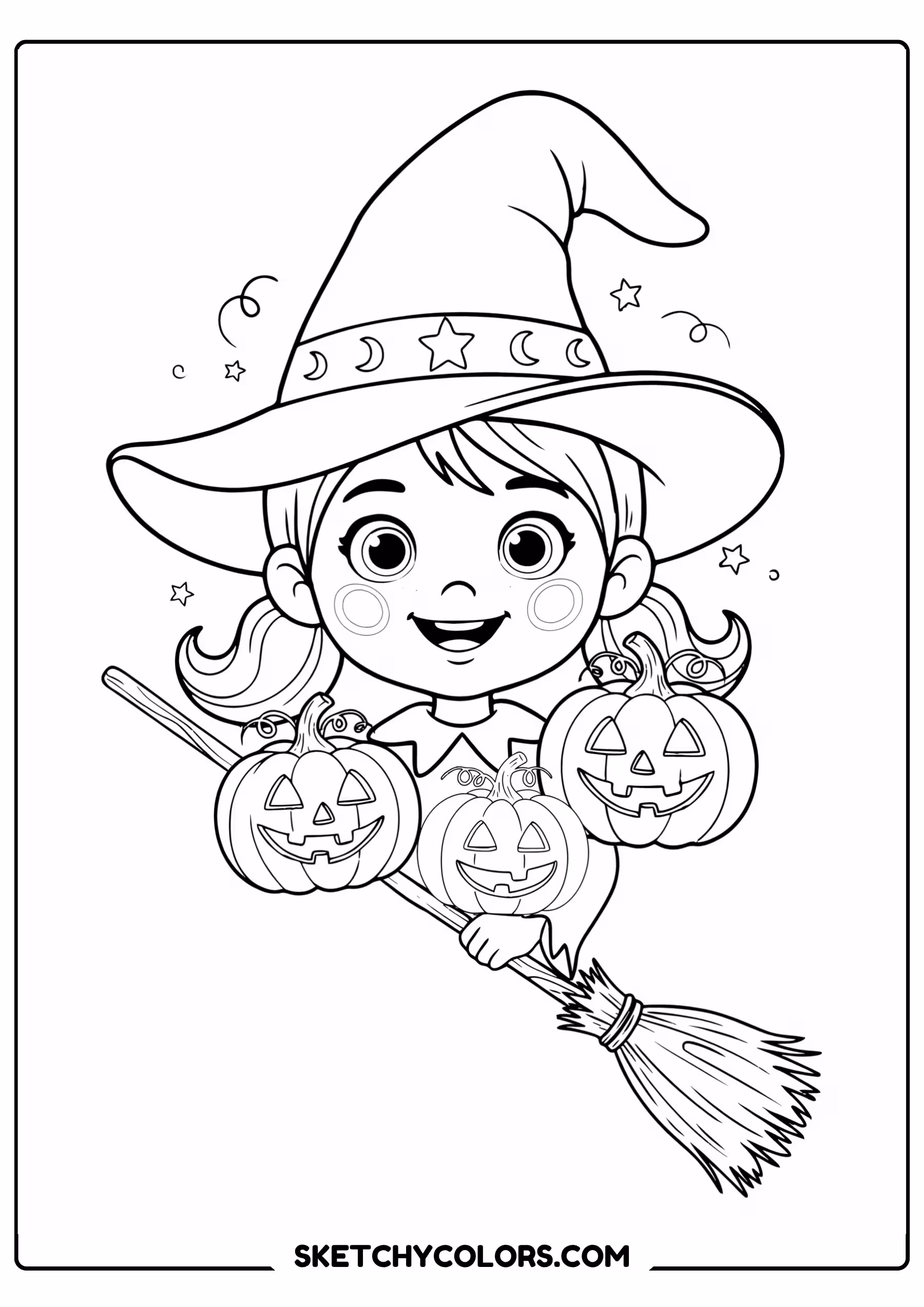 halloween coloring page cute witch hat broomstick free printable for kids