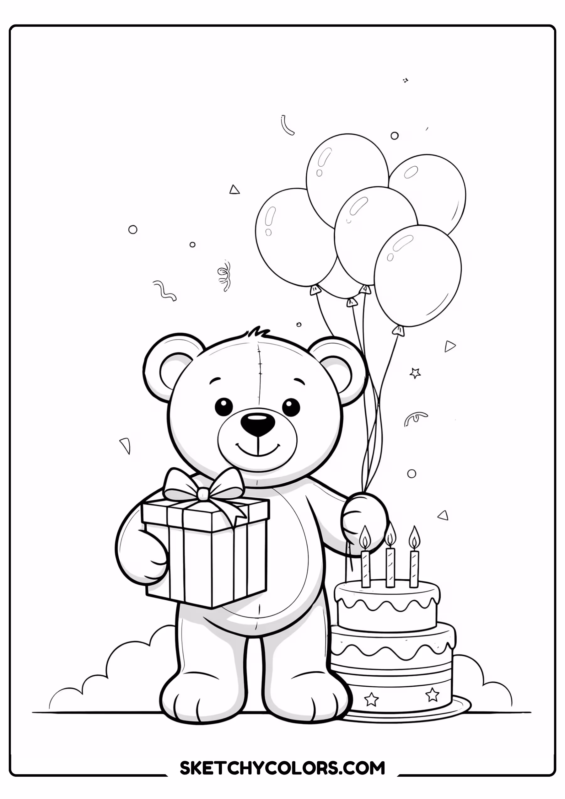happy birthday coloring page teddy bear gift cake free printable for kids