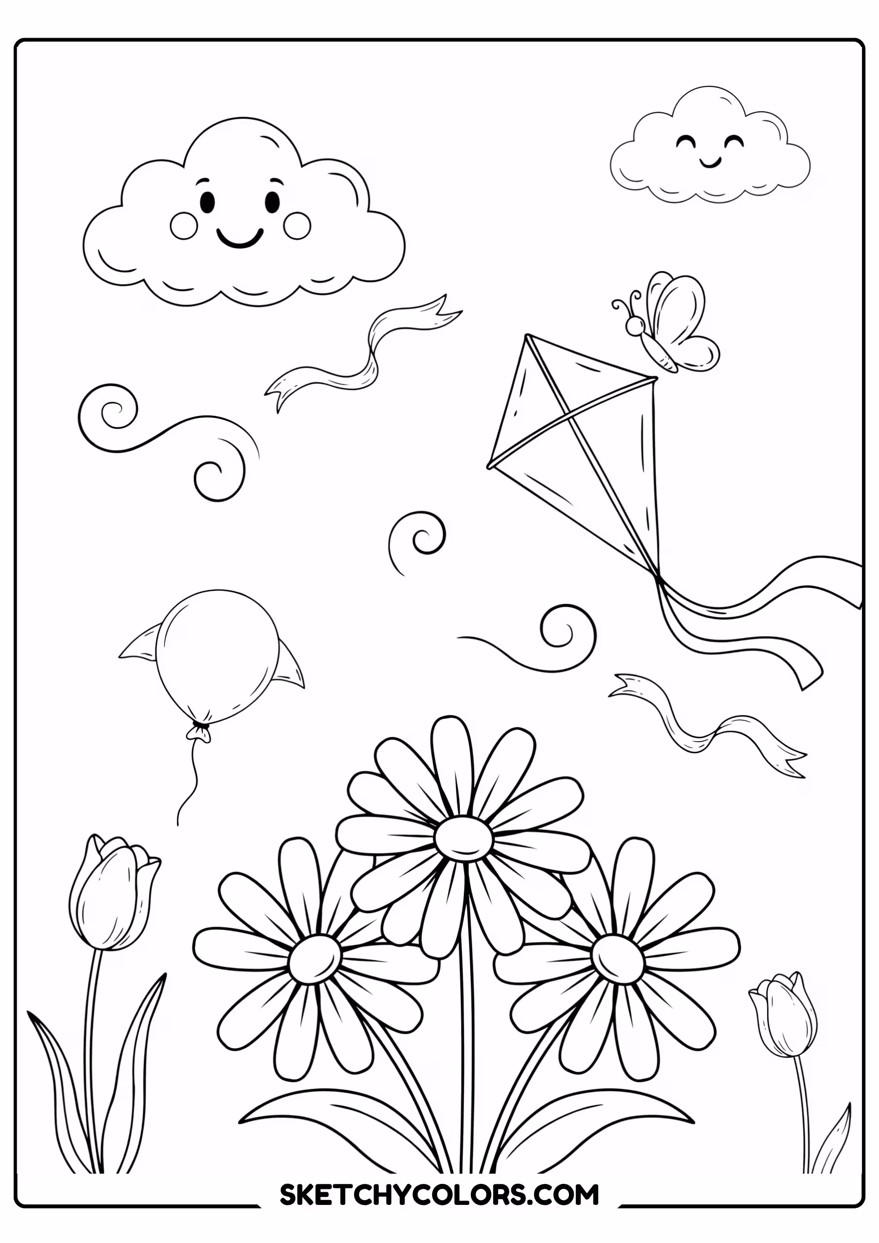 march coloring page wind kites flowers free printable for kids