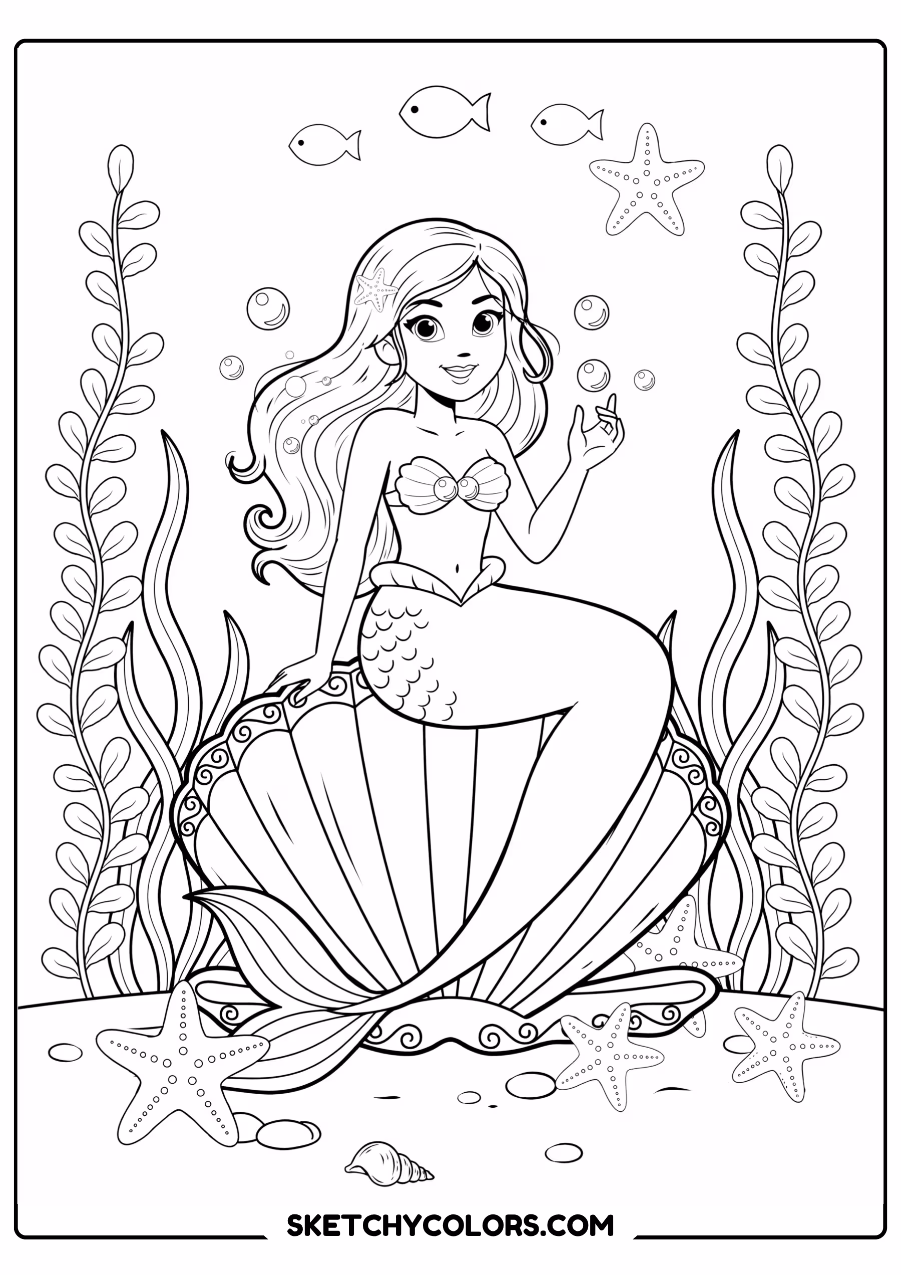 mermaid coloring page sitting giant seashell pearls sea stars free printable for kids