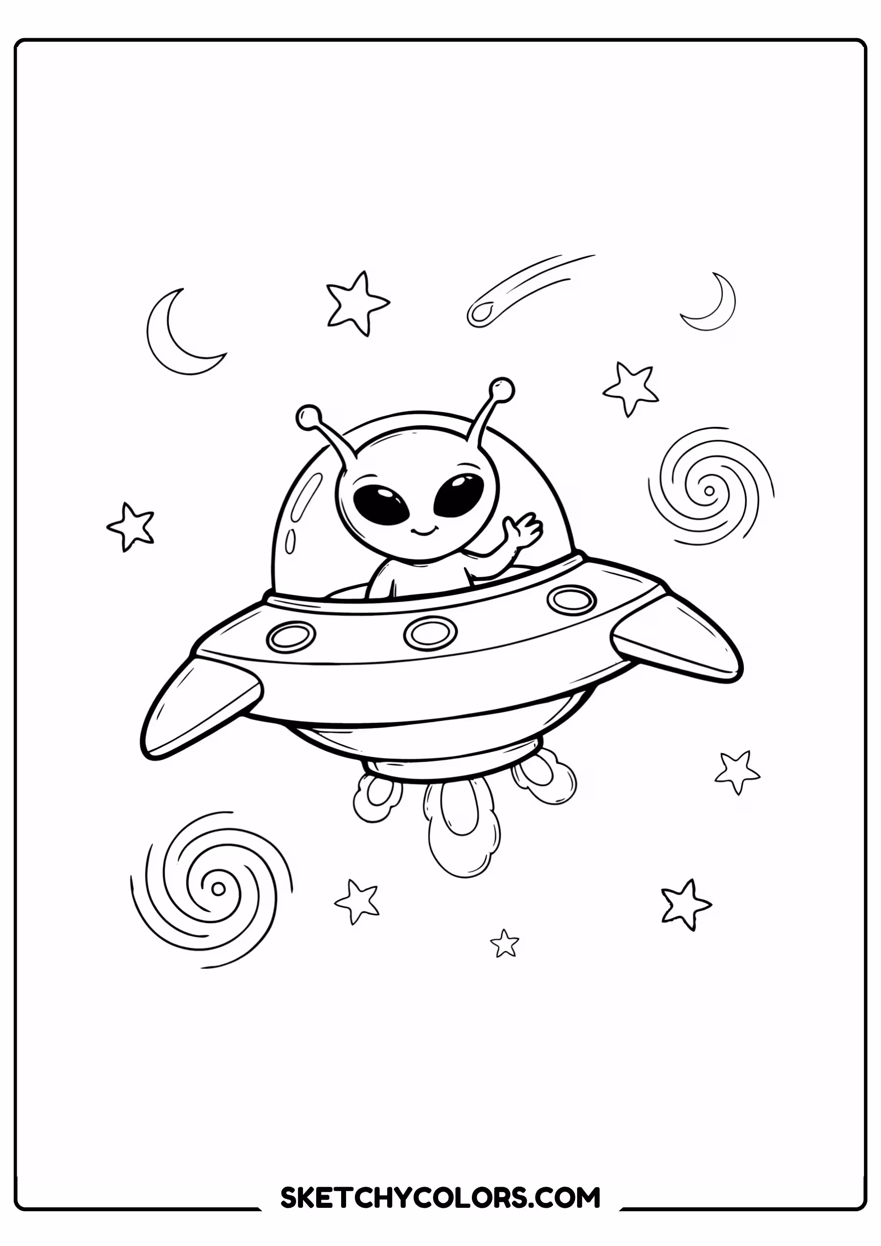 space coloring page alien flying saucer waving free printable for kids